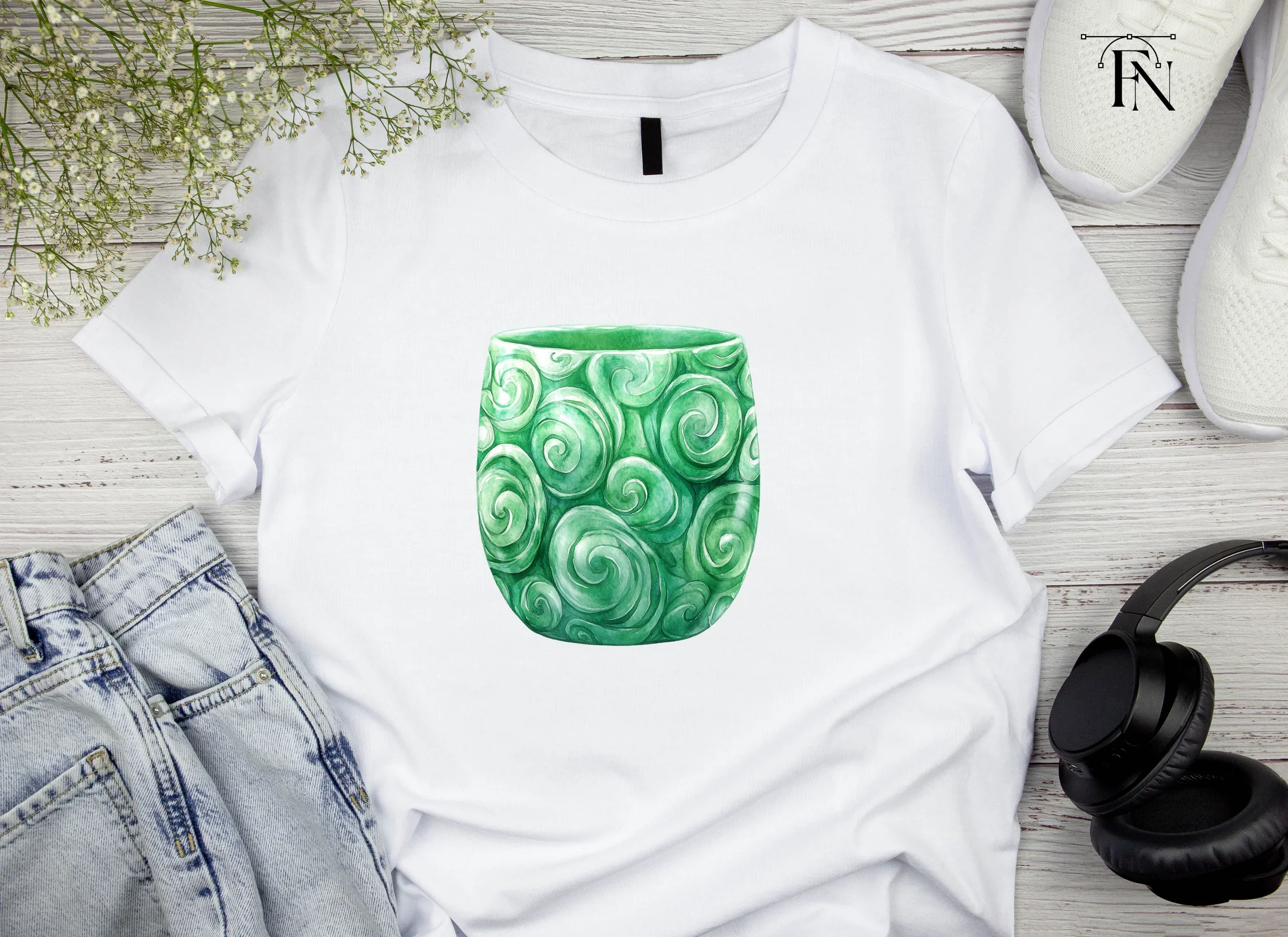 Green Swirl Patterned Jade Cup Clipart Bundle - Image 5