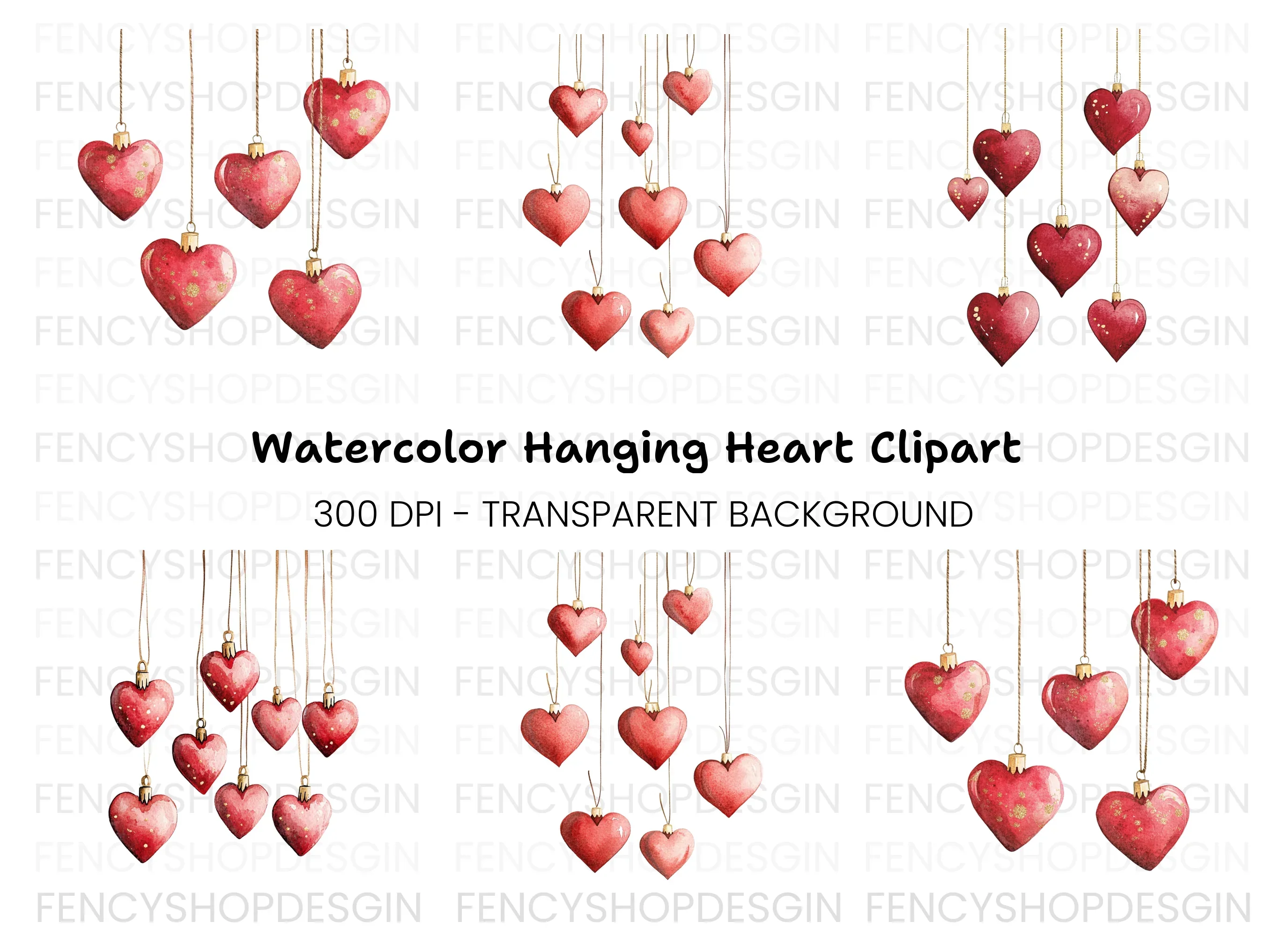 Hanging Red Heart Ornaments Clipart Bundle