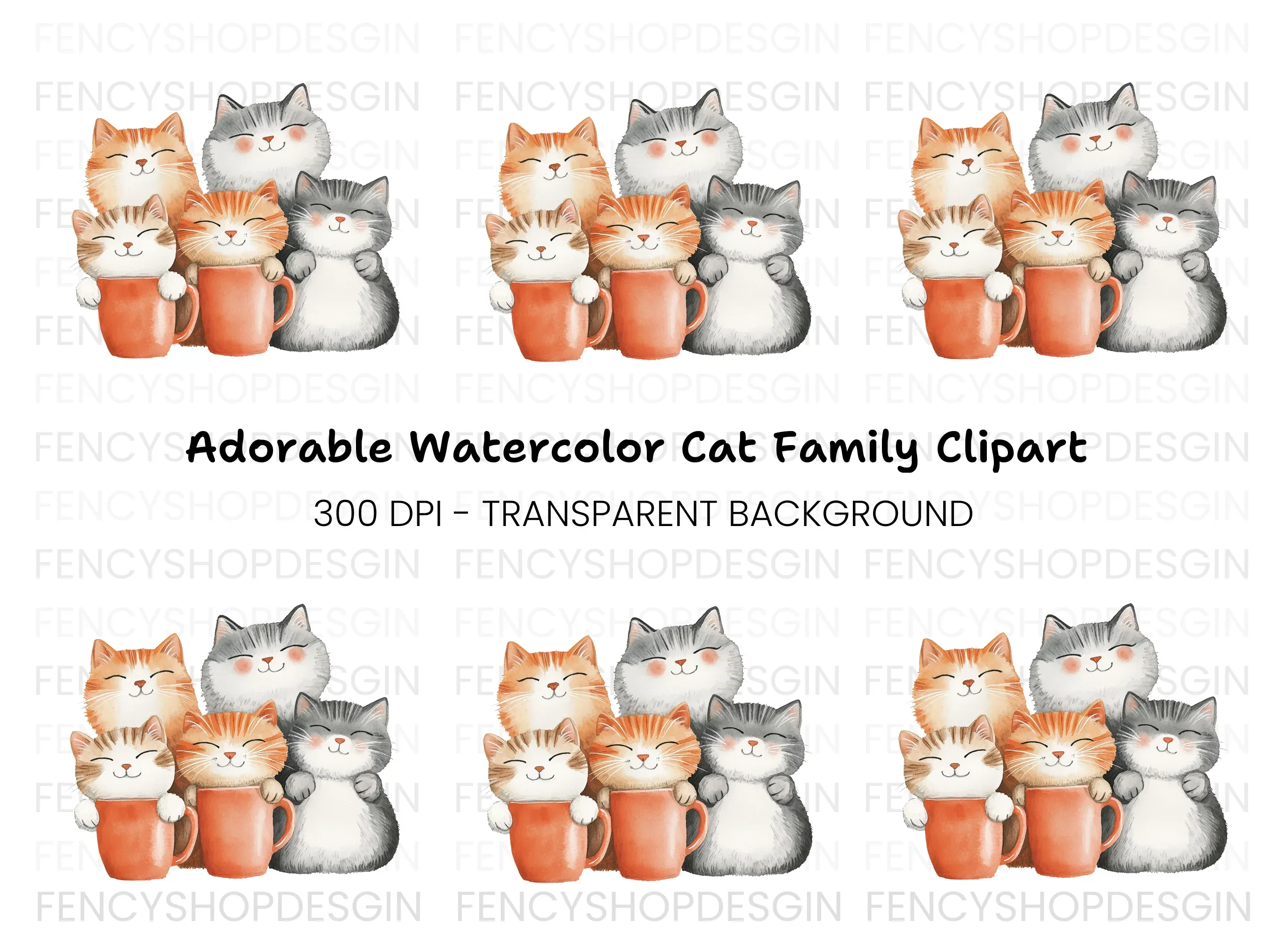 Happy Cats in Mugs Clipart Bundle