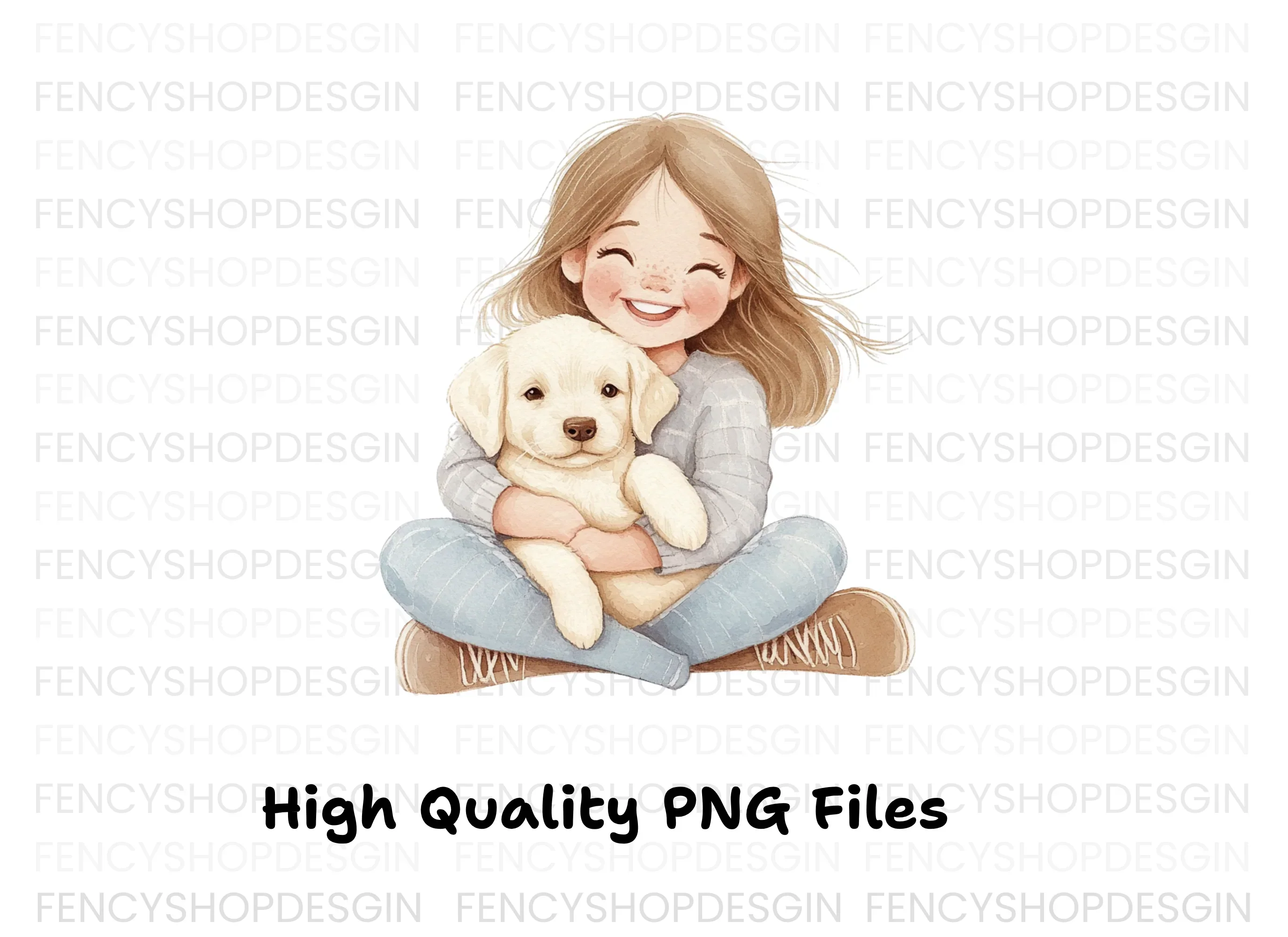Happy Girl Cuddling Puppy Clipart Bundle - Image 3