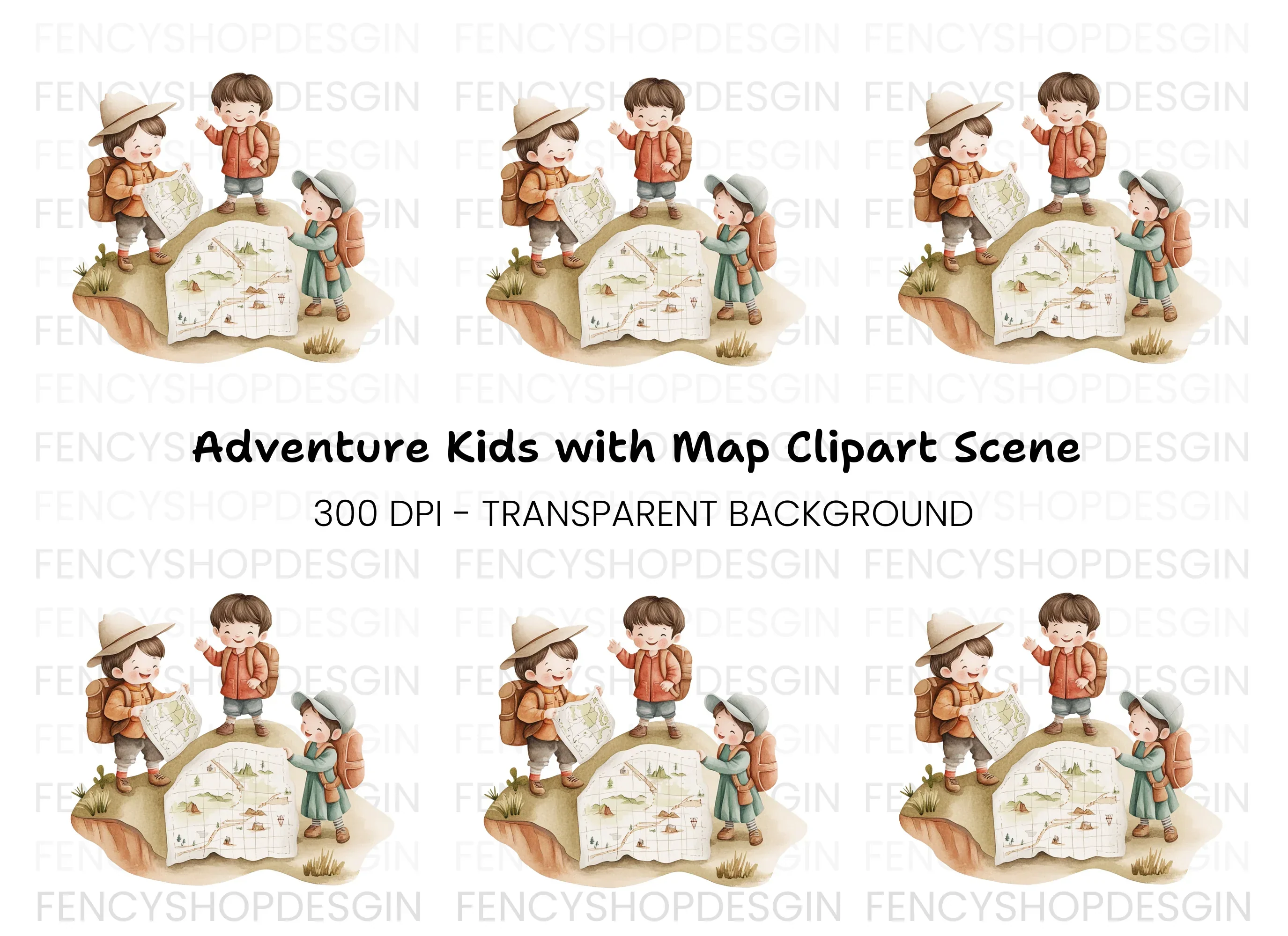 Happy Kids Exploring Map Clipart Bundle