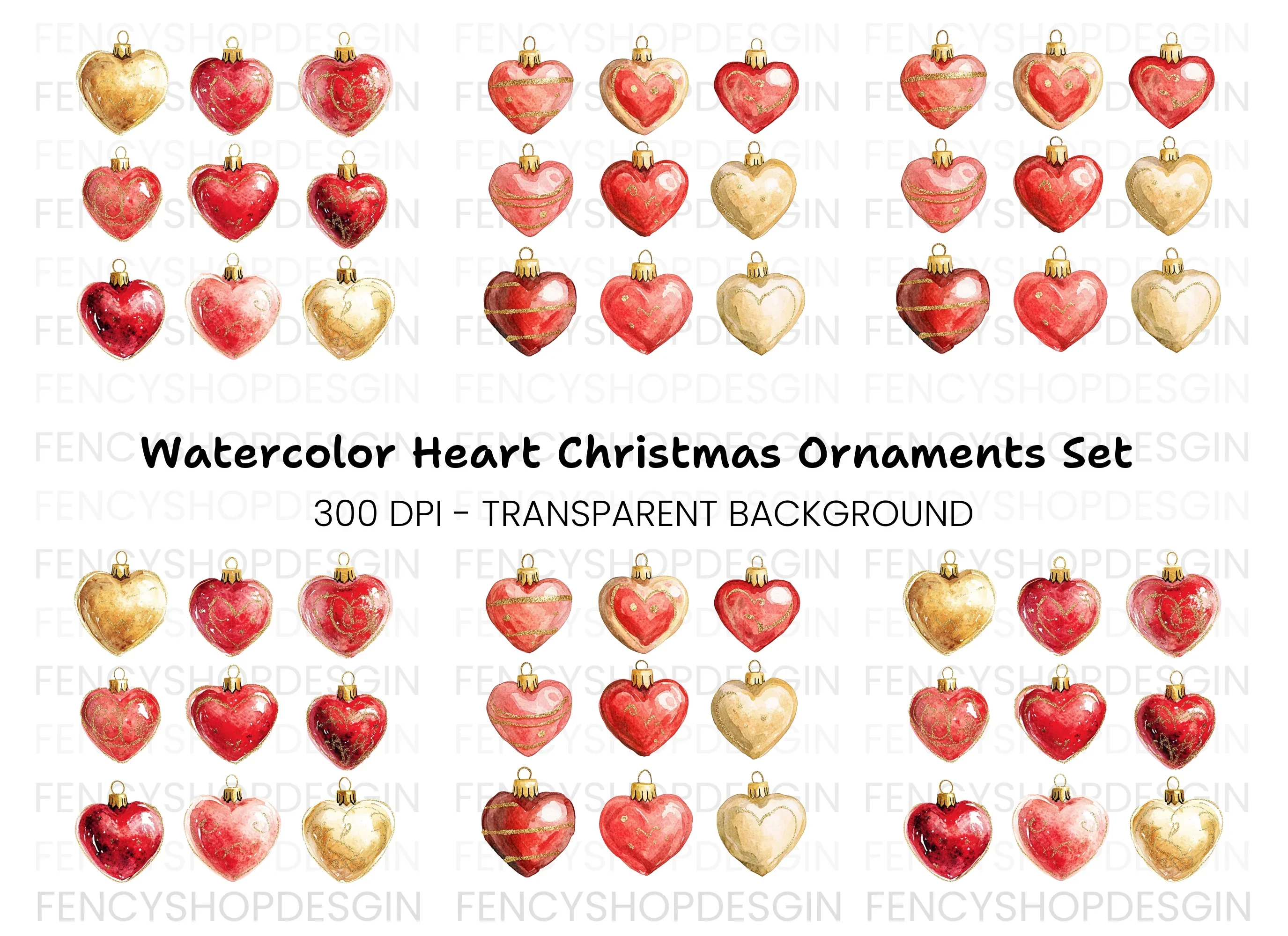 Heart Christmas Ornaments Clipart Bundle