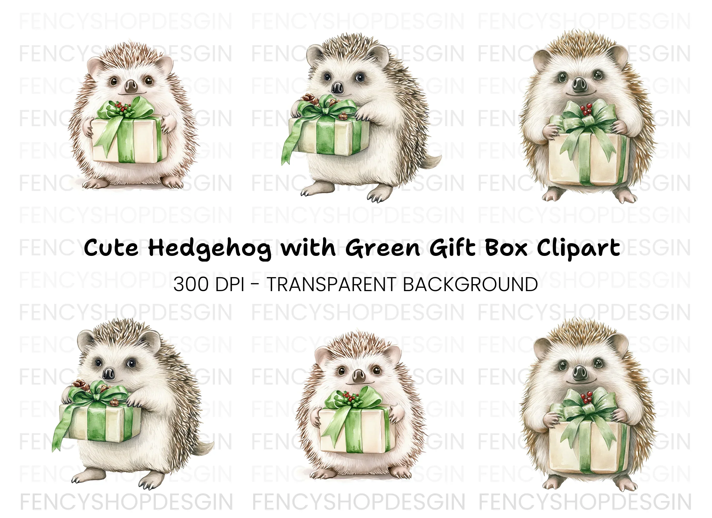 Hedgehogs with Green Gift Boxes Clipart Bundle