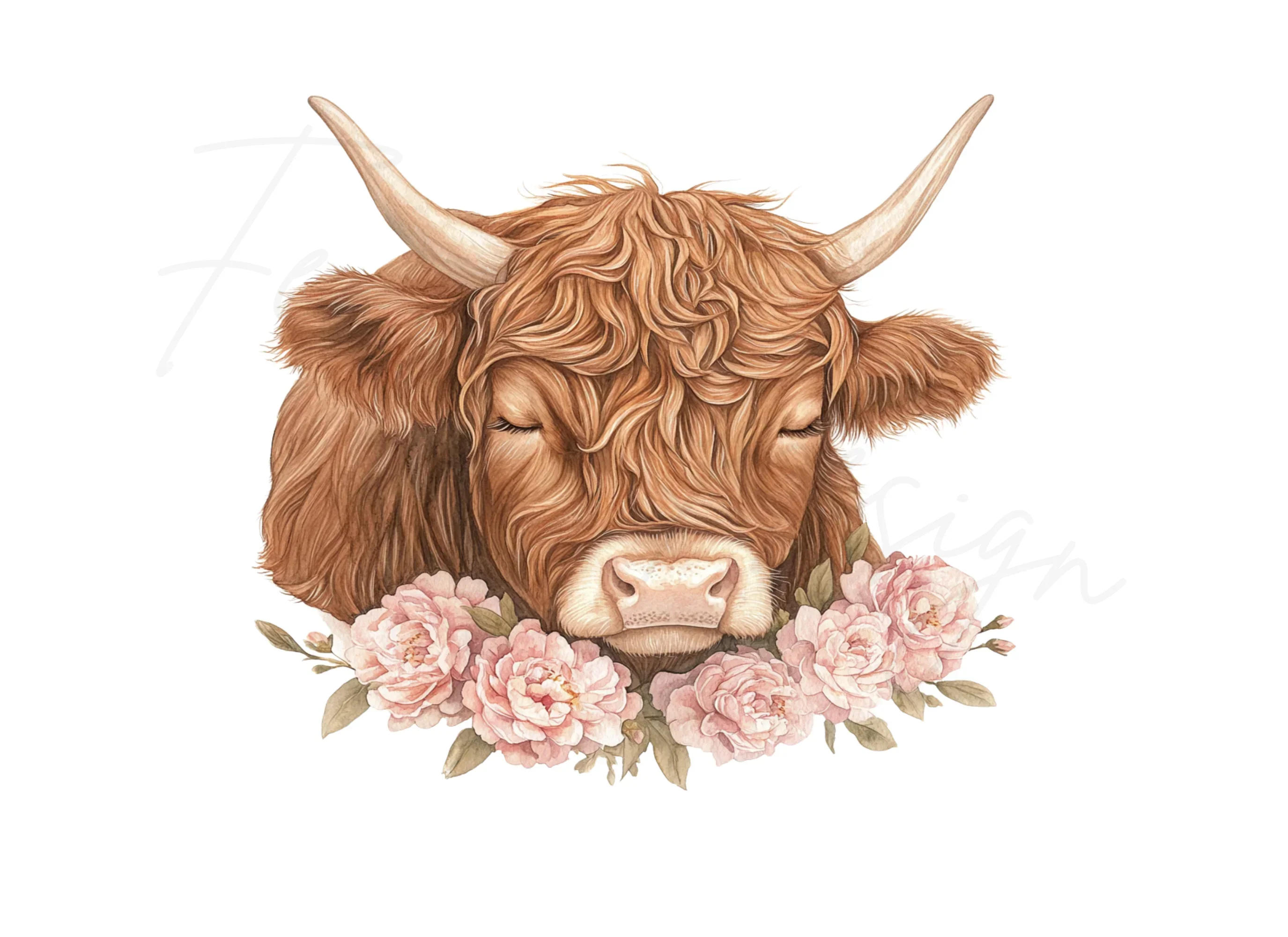 Highland Cow with Pink Peonies Clipart Bundle - Image 3