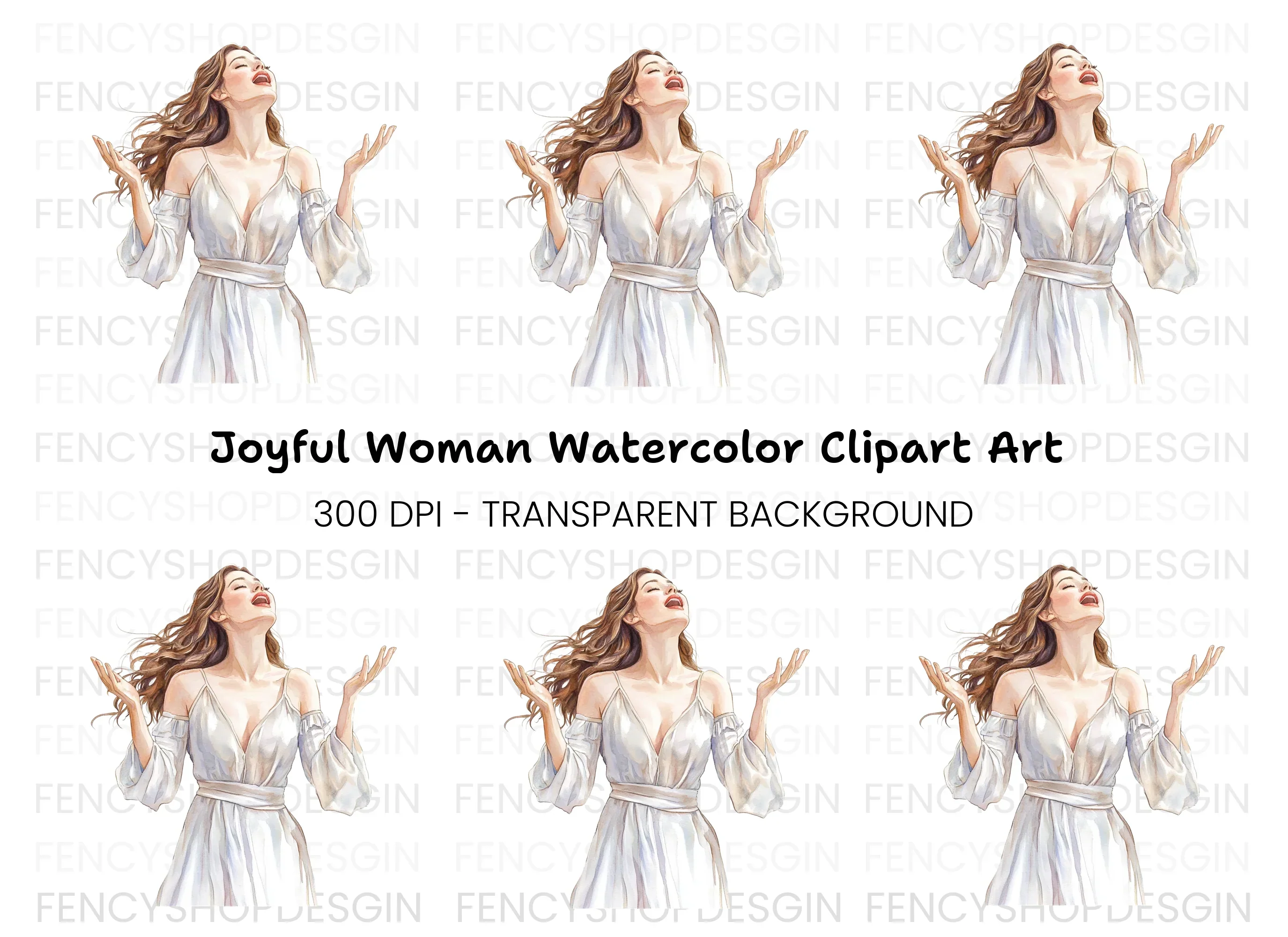 Joyful Woman in White Dress Clipart Bundle