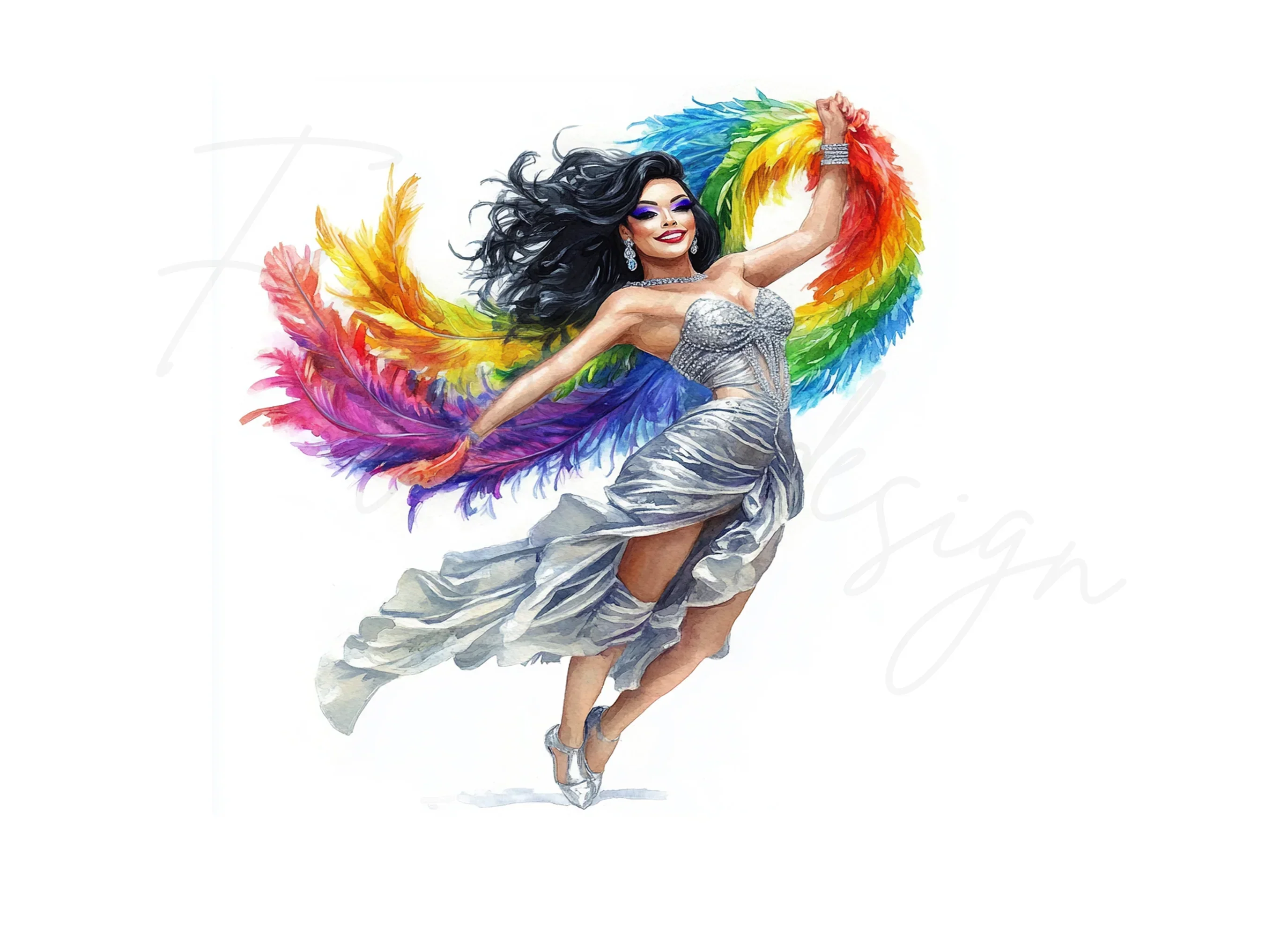Joyful Woman with Rainbow Feather Boa Clipart Bundle - Image 2