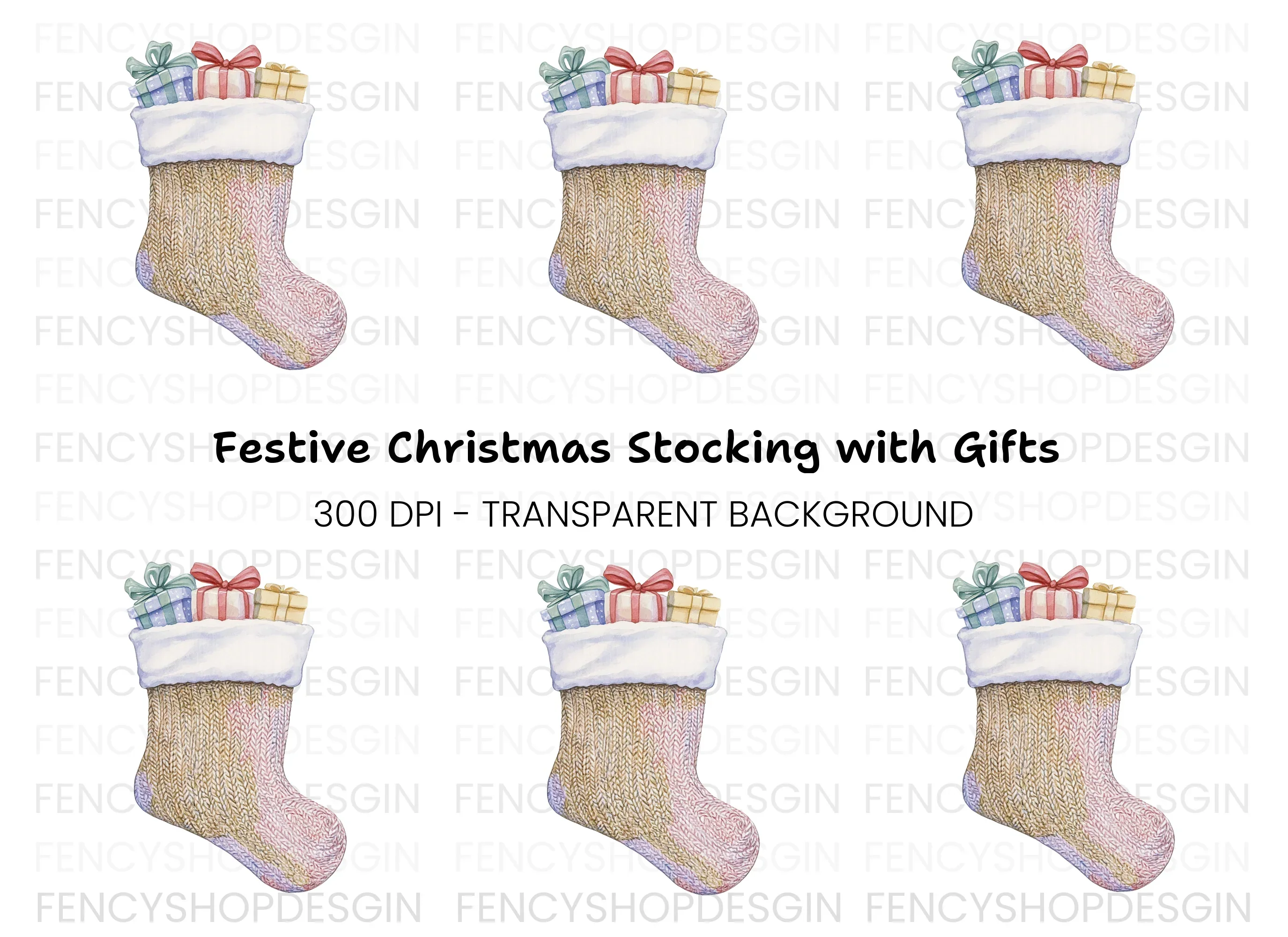 Knitted Christmas Stocking with Gifts Clipart Bundle