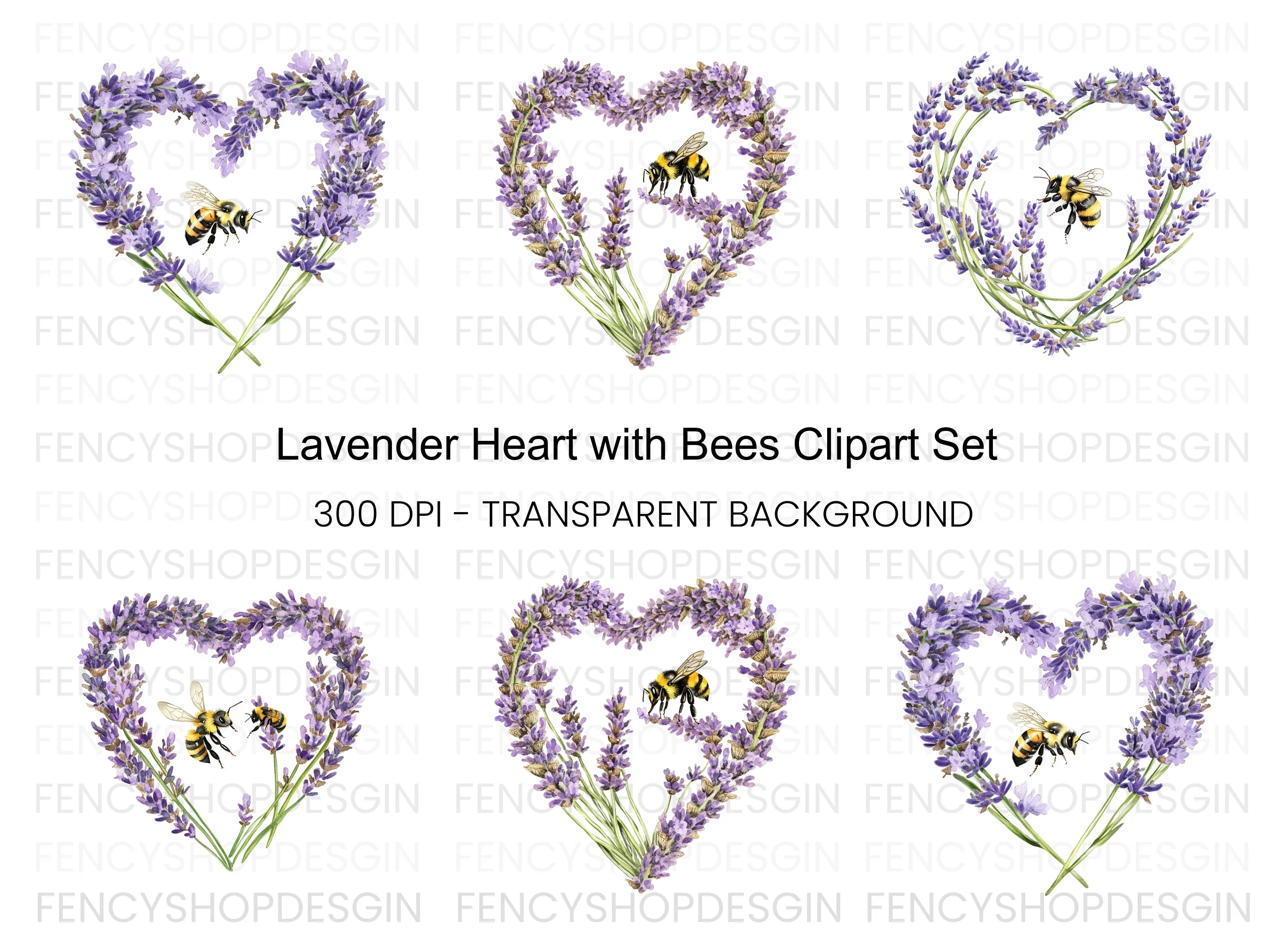 Lavender Heart with Bee Clipart Bundle