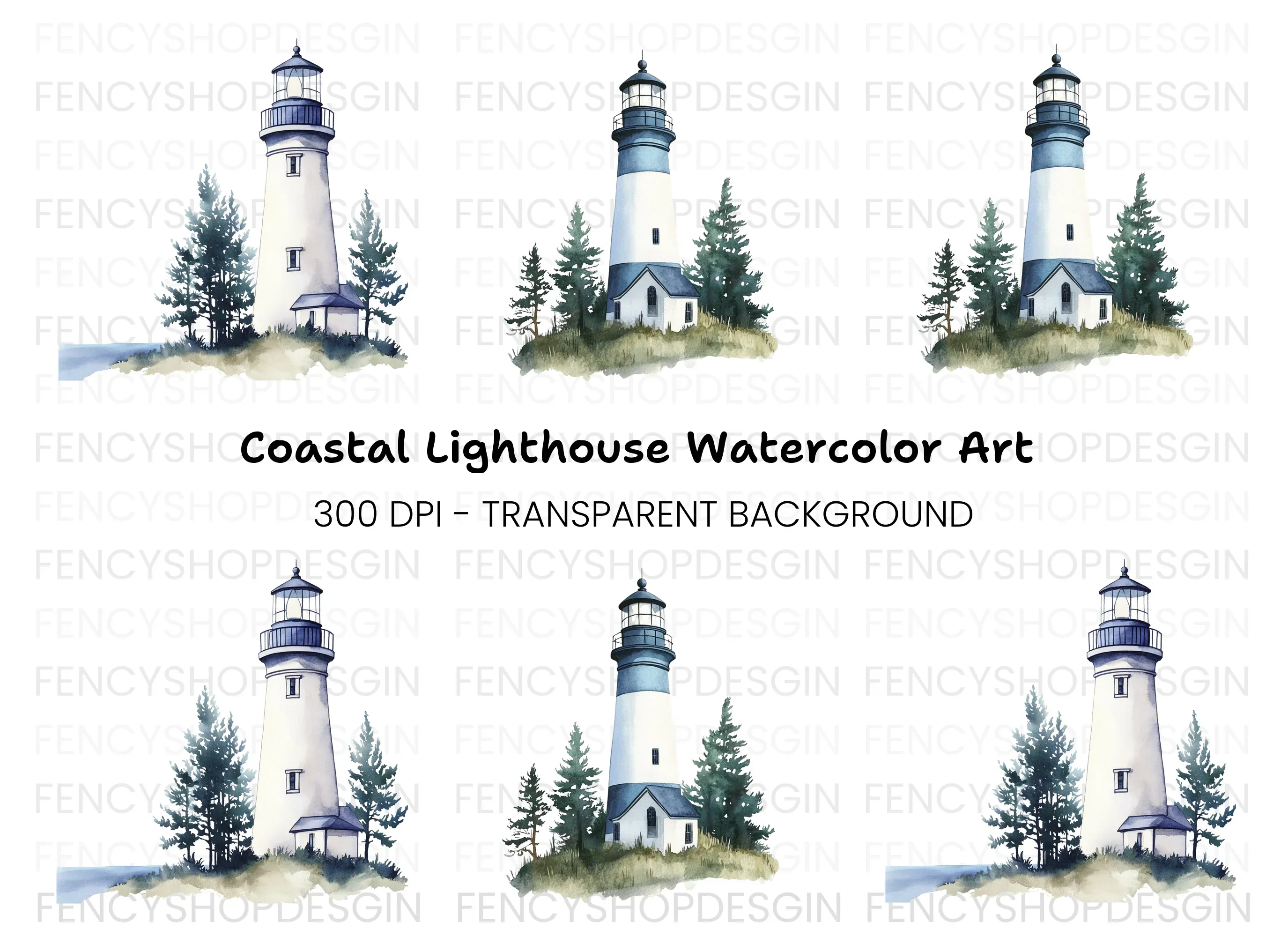 Lighthouse and Pine Trees Clipart Bundle