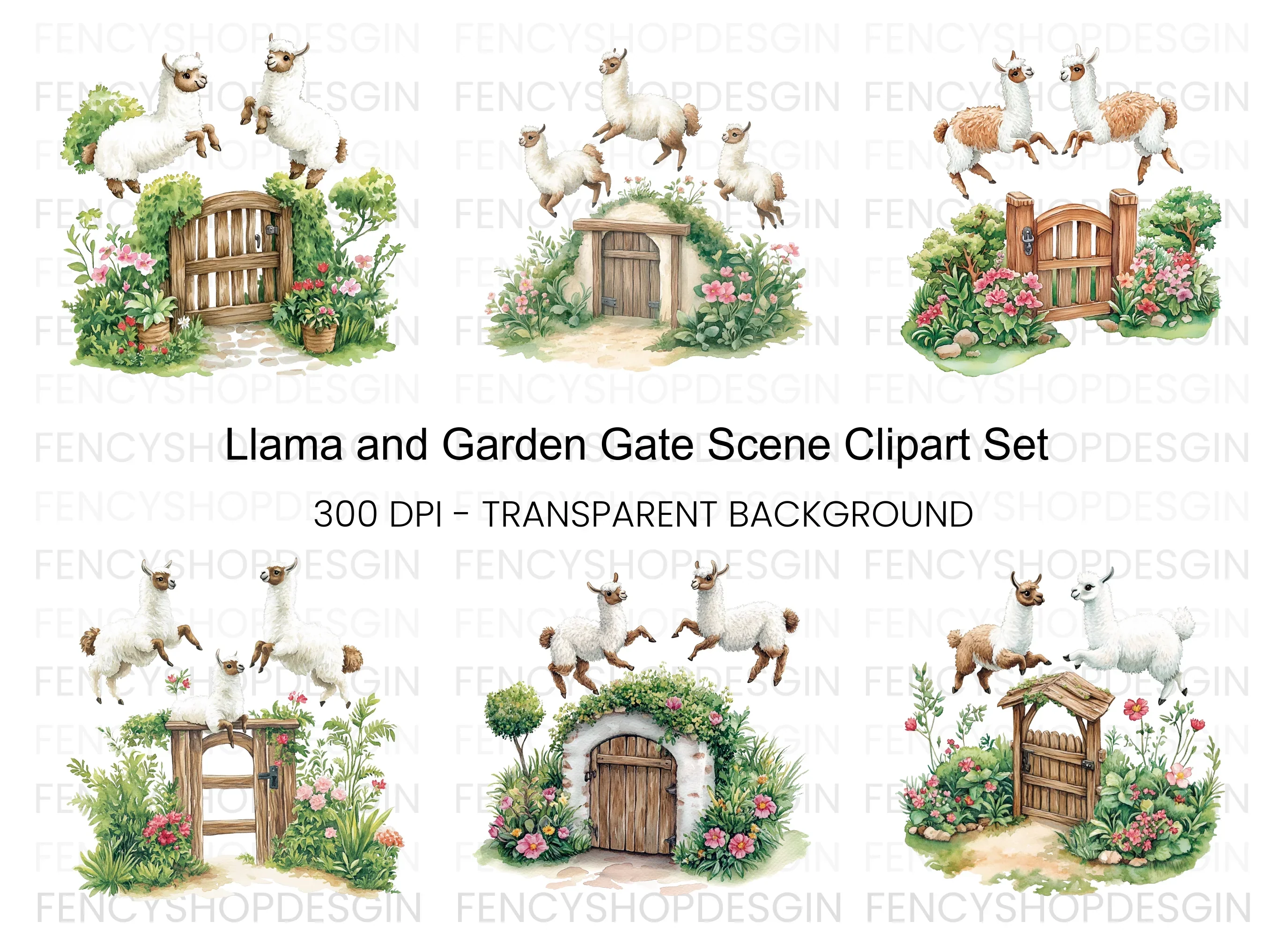 Llamas and Rustic Garden Gates Clipart Bundle