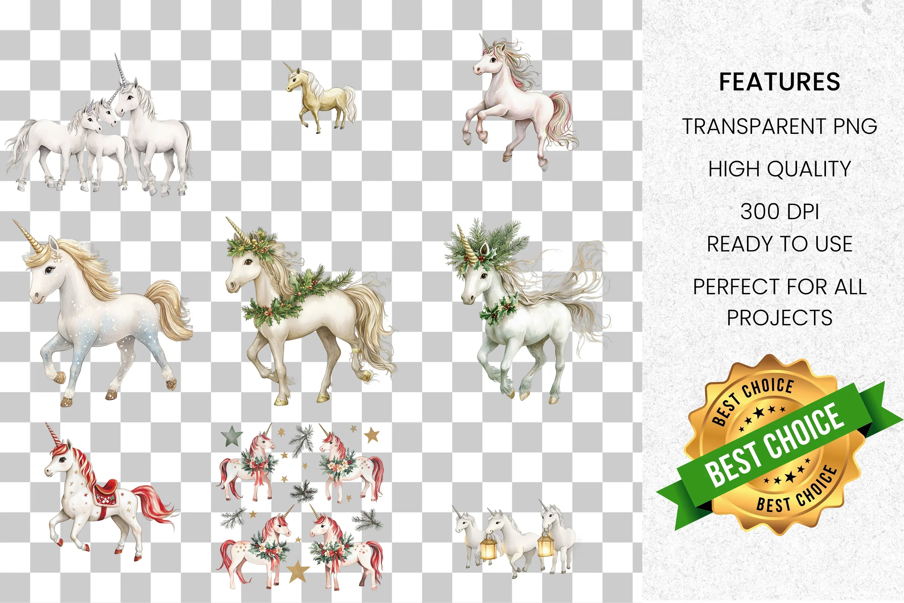 Magical Christmas Unicorns Clipart Bundle - Image 3