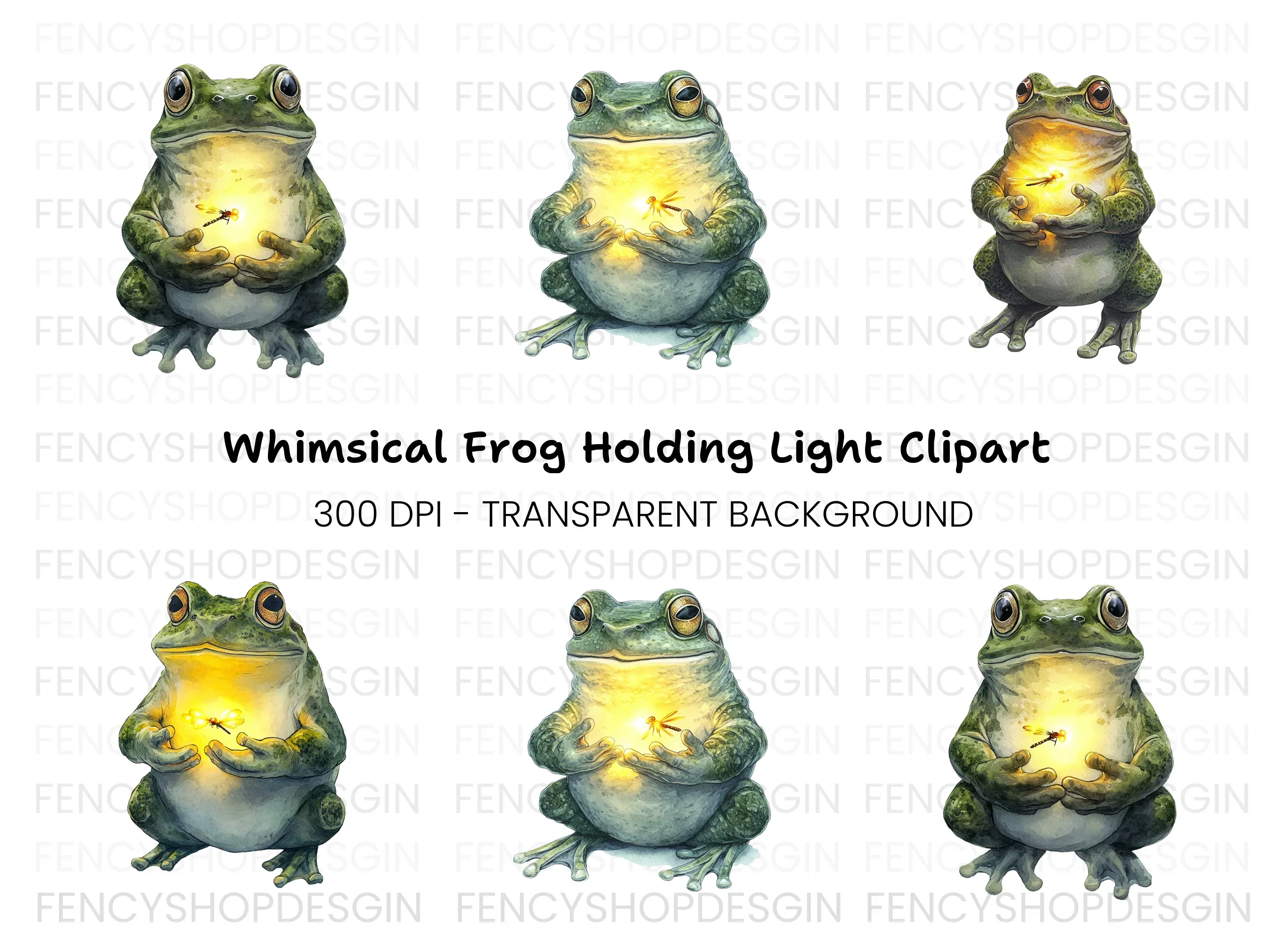 Magical Frogs Holding Fireflies Clipart Bundle