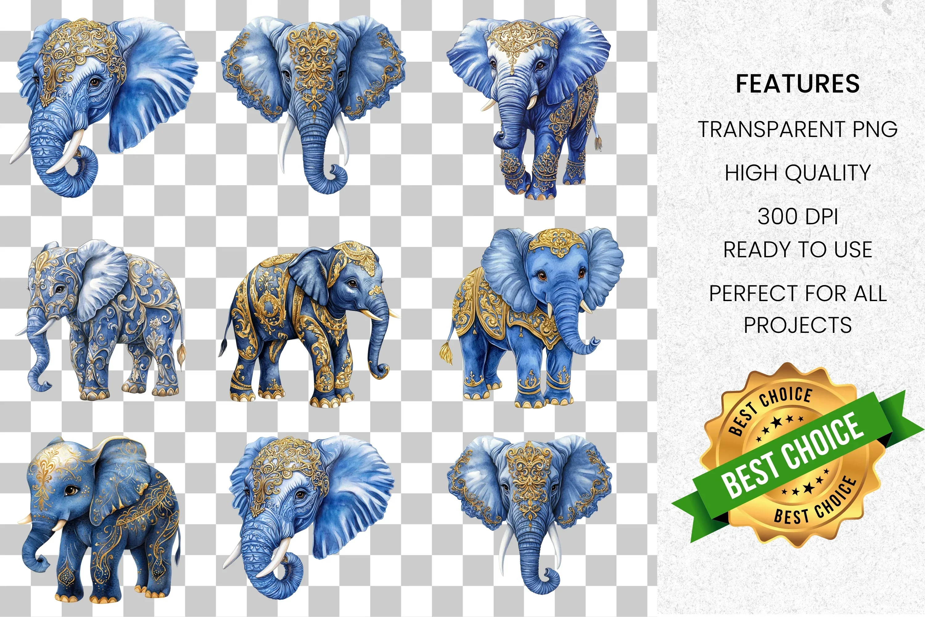 Majestic Blue Gold Elephant Clipart Bundle - Image 2
