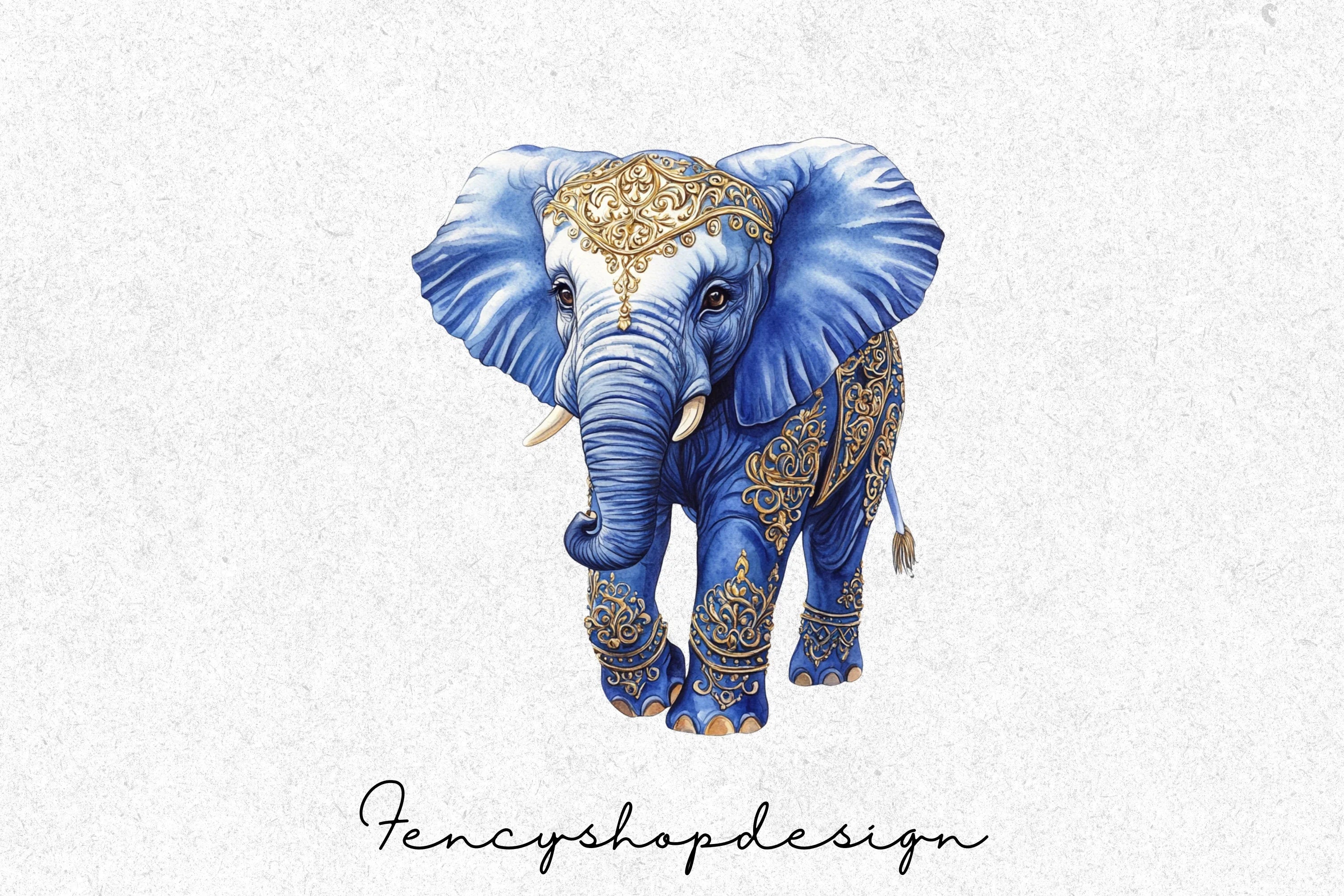 Majestic Blue Gold Elephant Clipart Bundle - Image 3