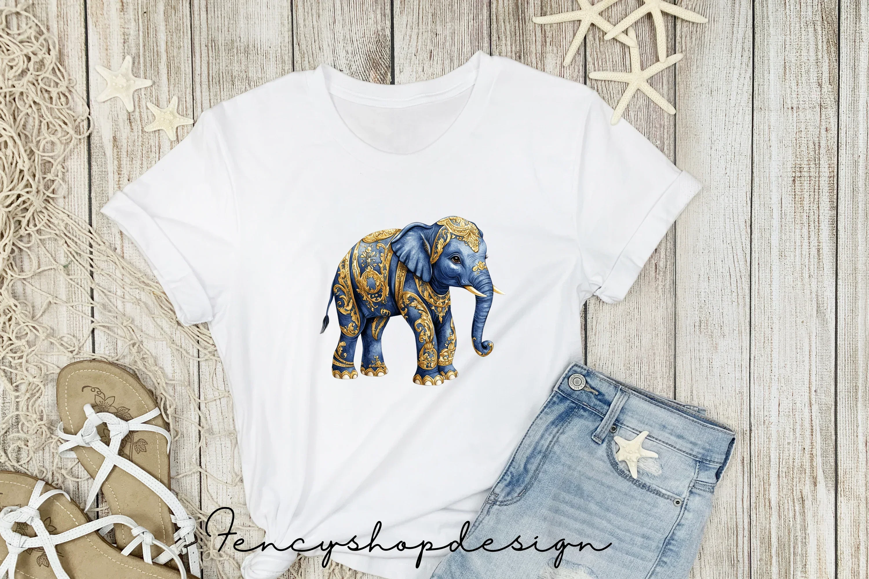 Majestic Blue Gold Elephant Clipart Bundle - Image 5