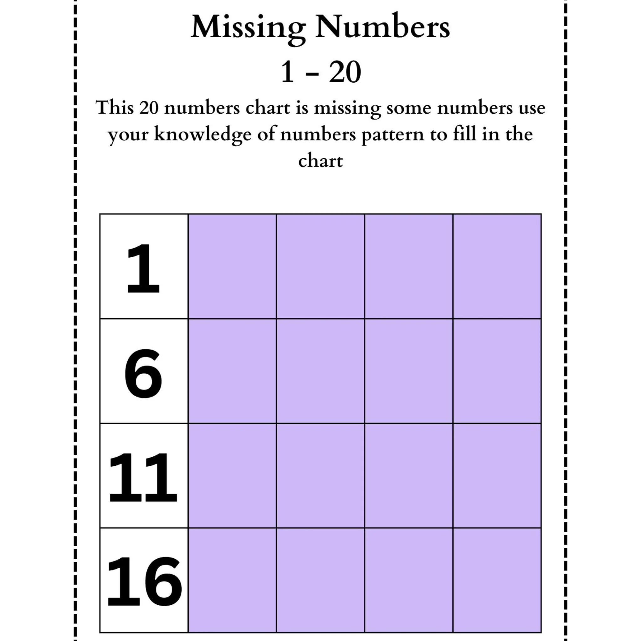 Missing Numbers 1 20 Worksheets