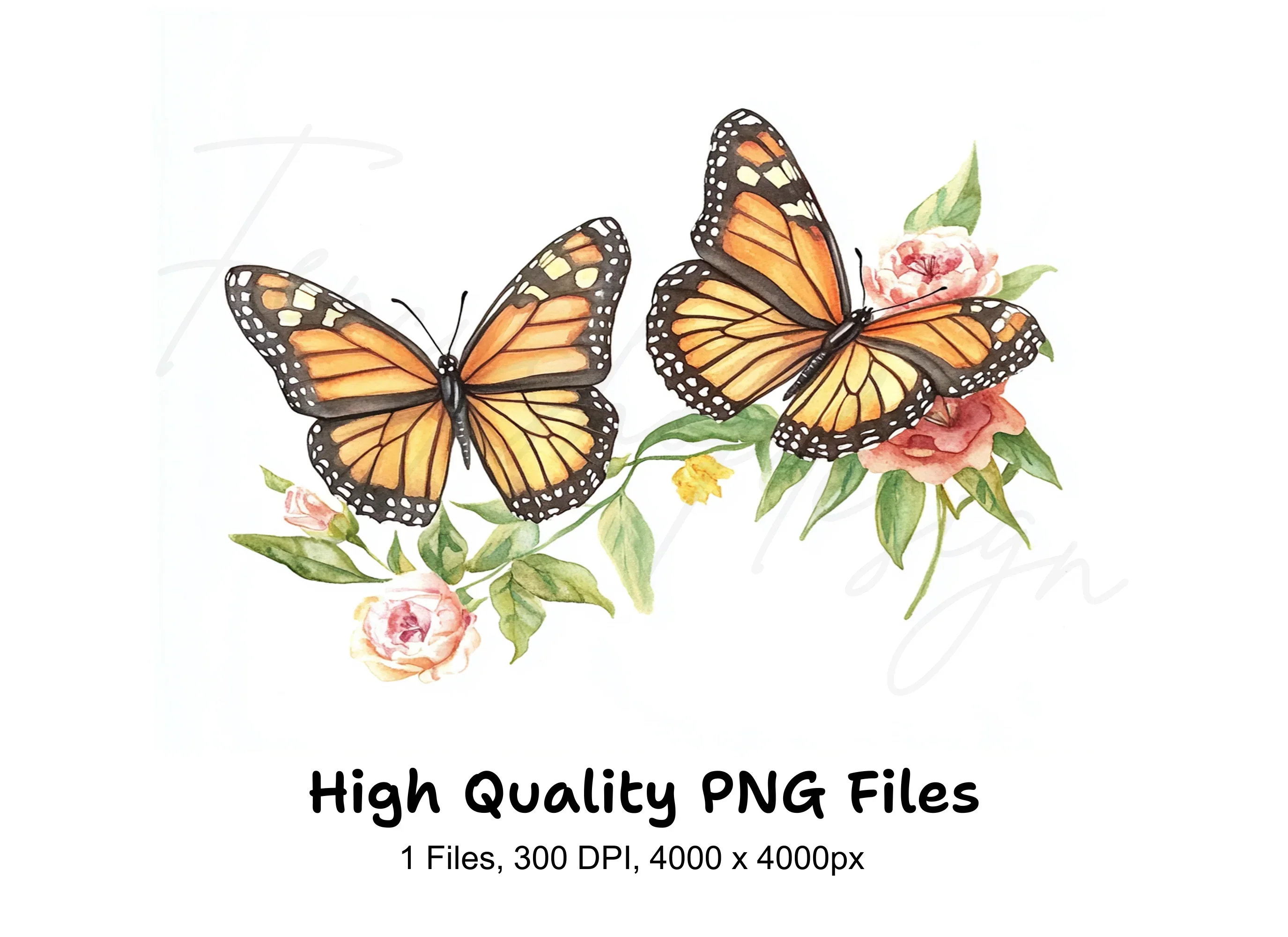 Monarch Butterflies and Pink Flowers Clipart Bundle
