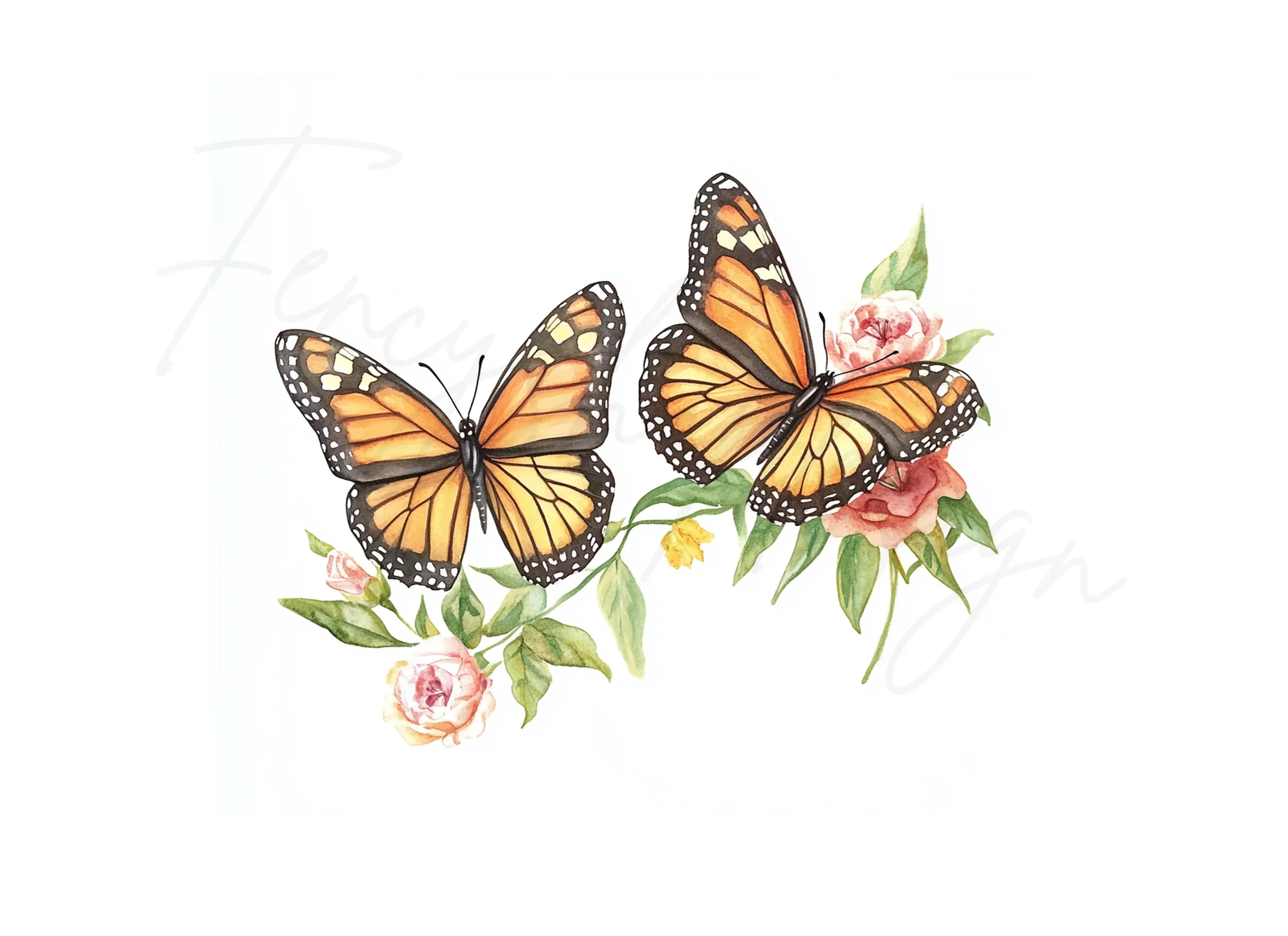 Monarch Butterflies and Pink Flowers Clipart Bundle - Image 3