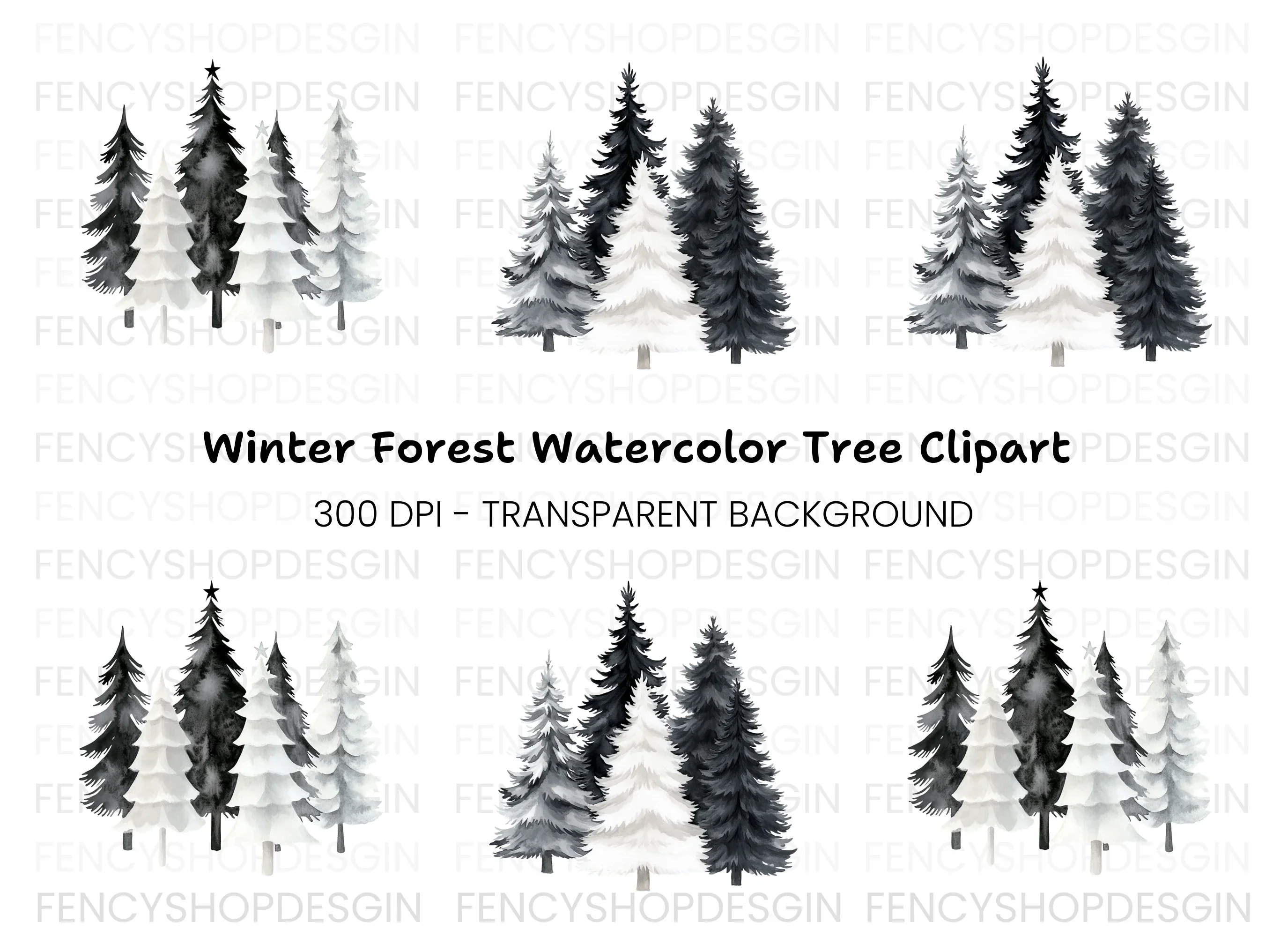 Monochrome Christmas Tree Clipart Bundle