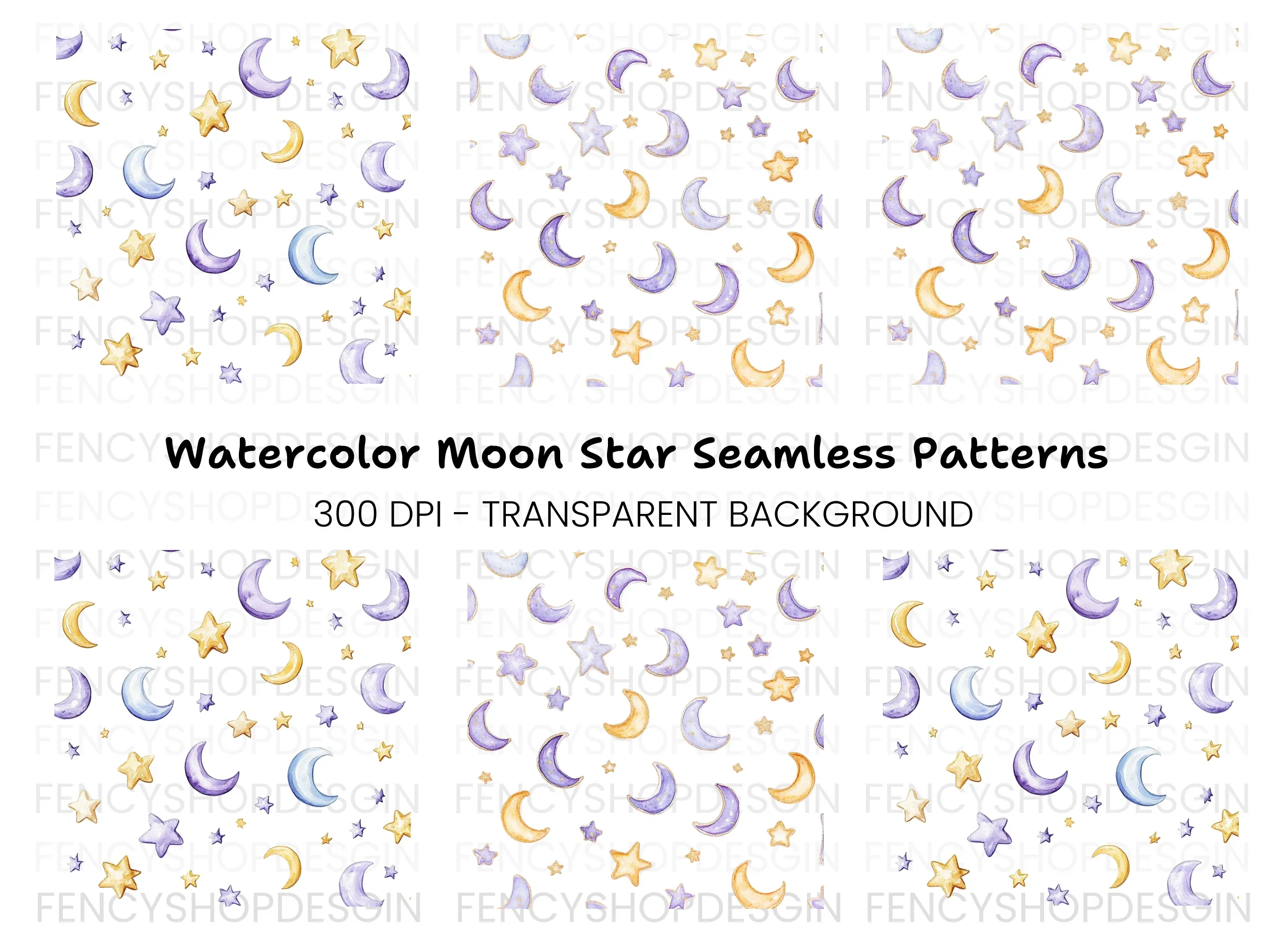 Moon and Stars Seamless Pattern Clipart Bundle