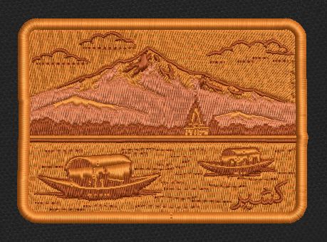 Mountain Lake Scene Monochrome Bronze Embroidery Design