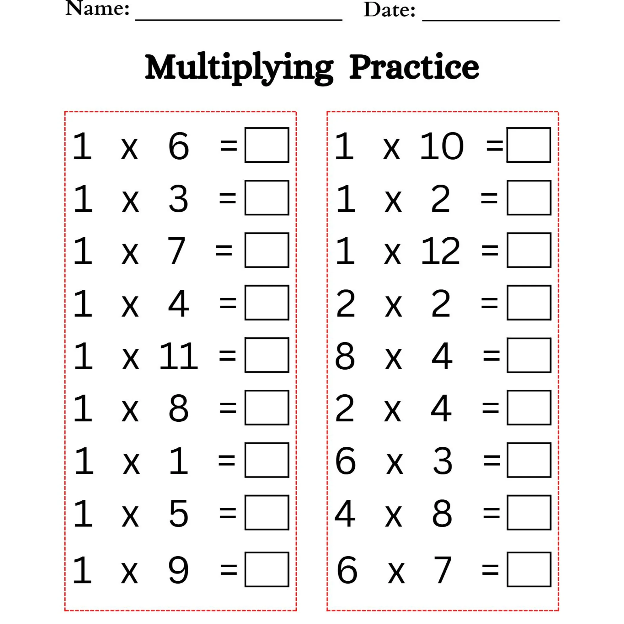 Multiplication Practice Worksheets