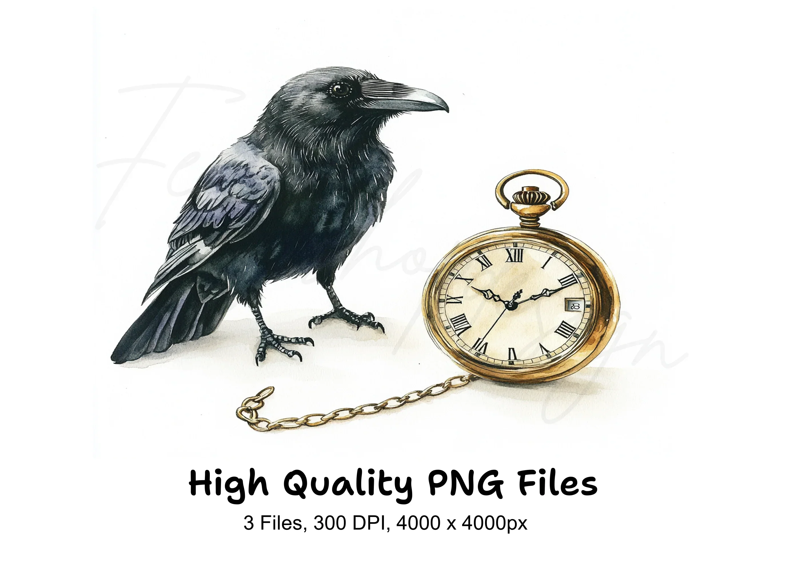 Mystical Raven and Pocket Watch Clipart Bundle