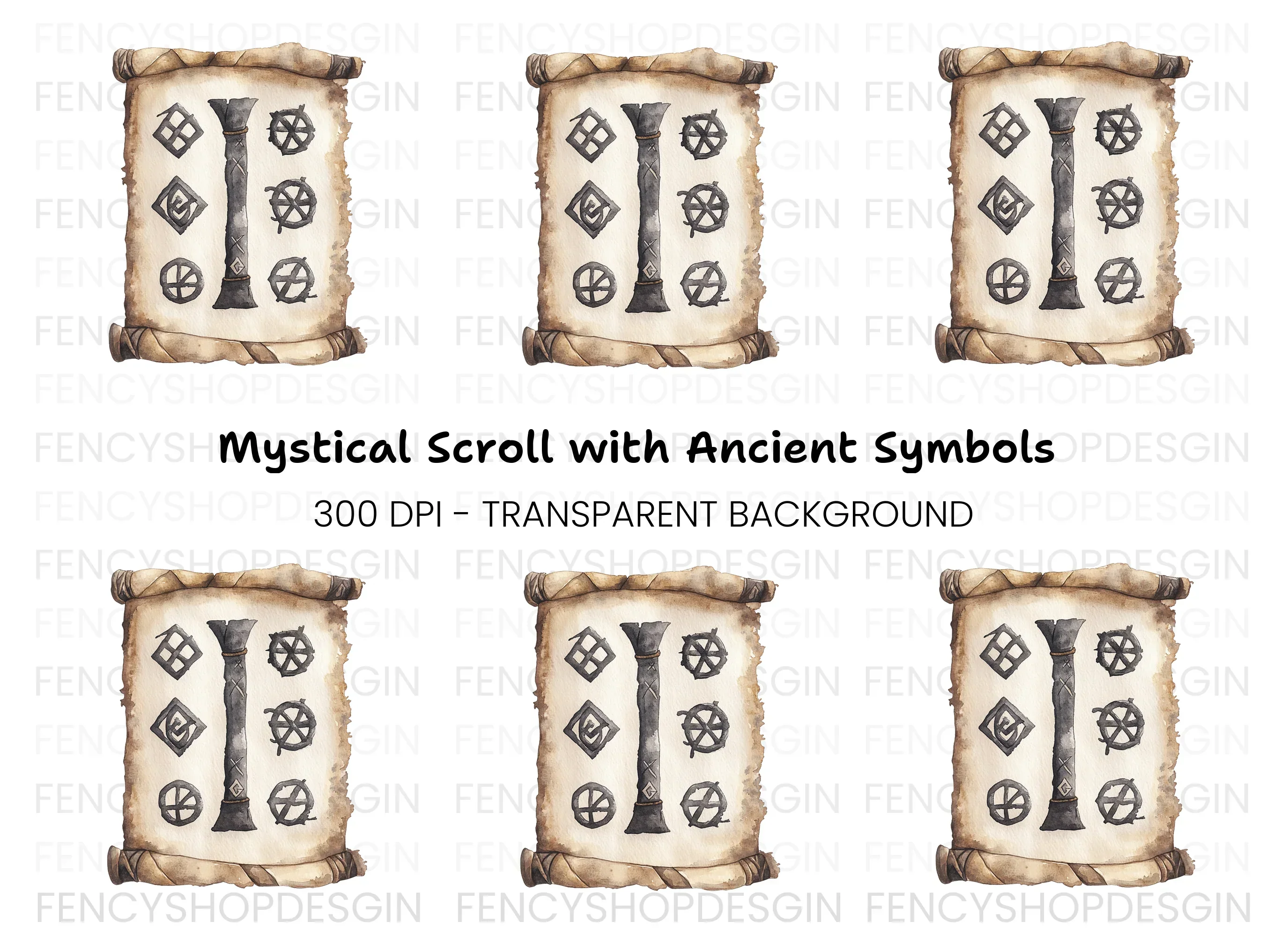 Mystical Scroll with Runic Symbols Clipart Bundle