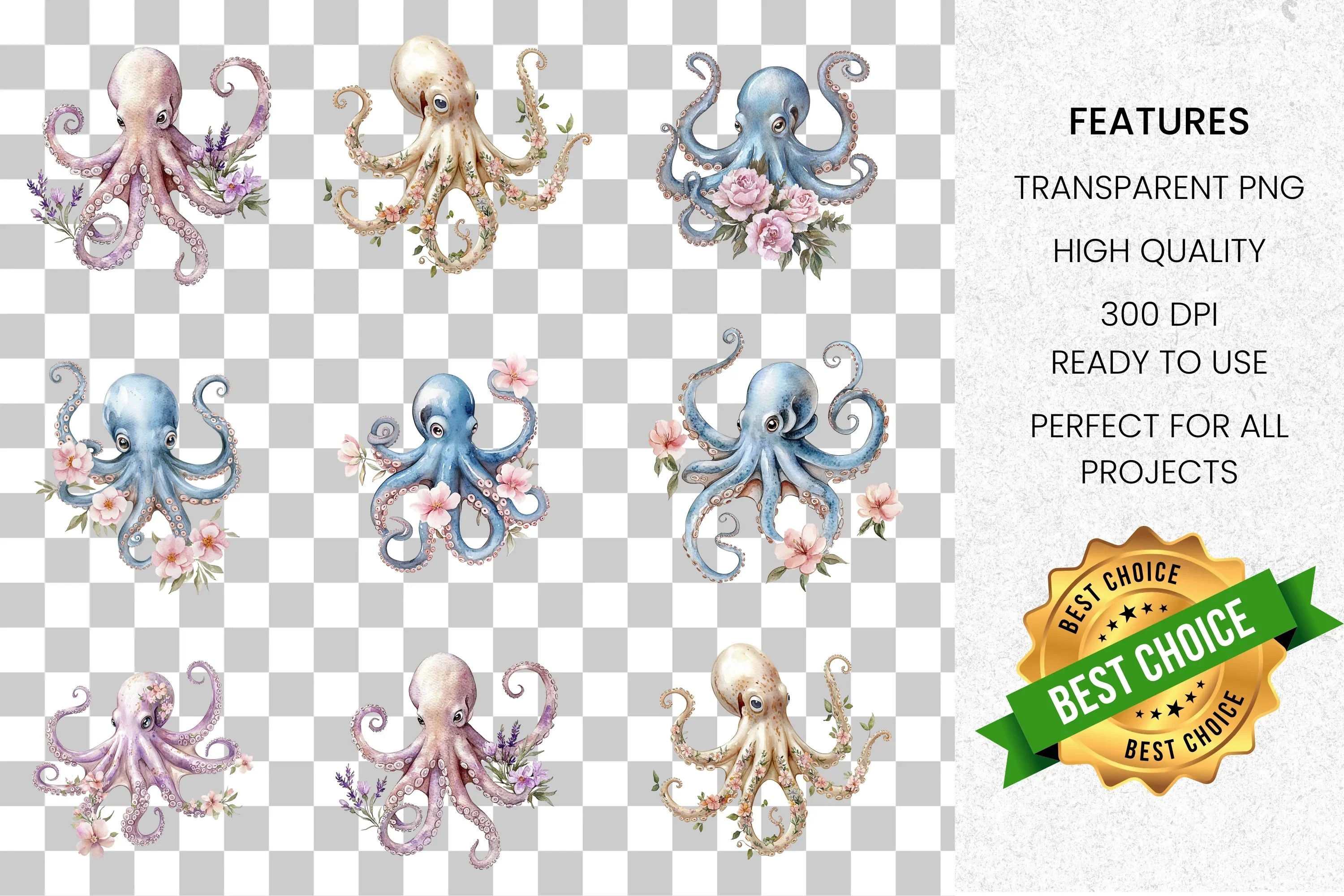 Octopus with Flowers Clipart Bundle - Image 2