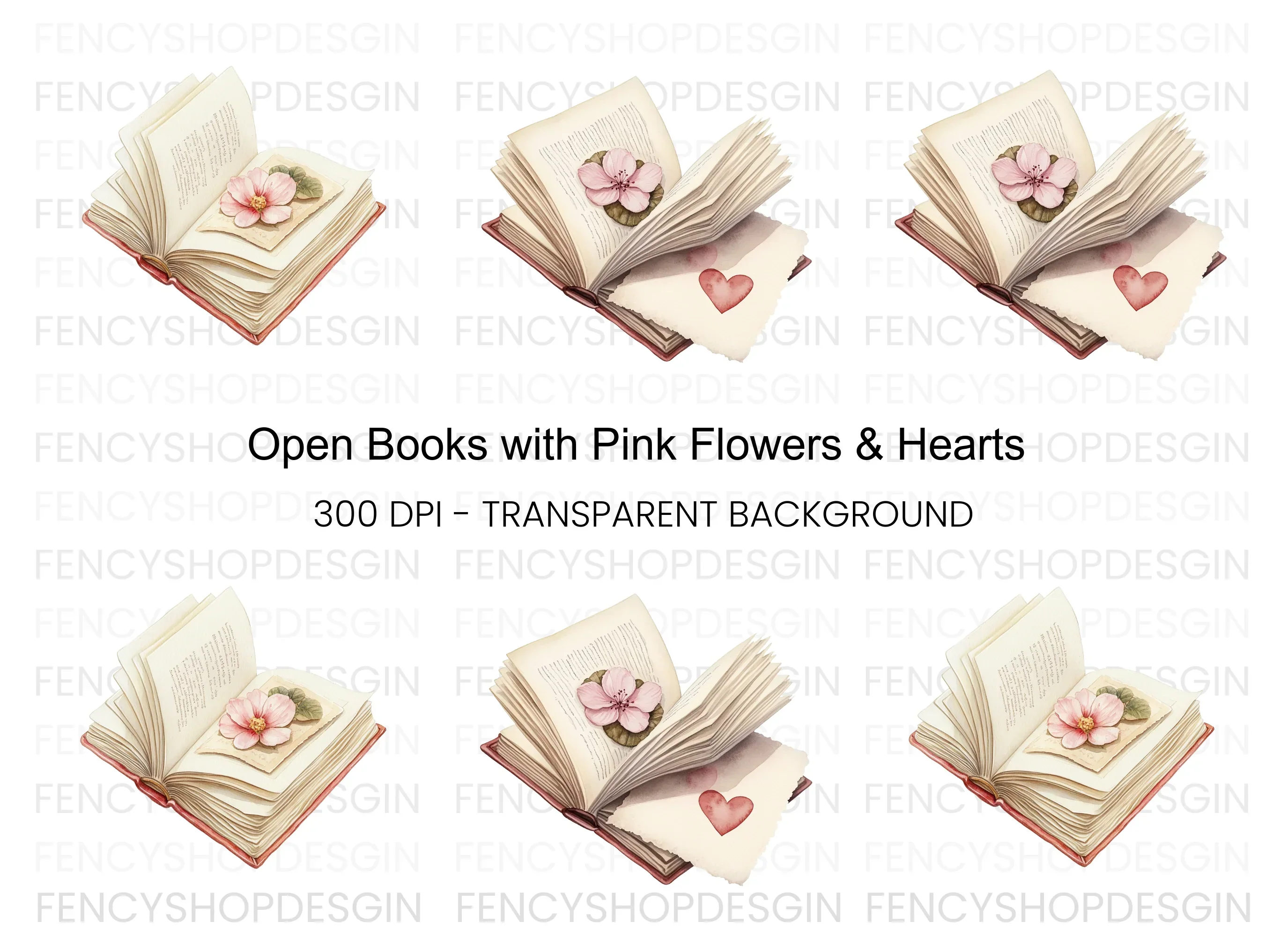 Open Books with Flowers and Hearts Clipart Bundle