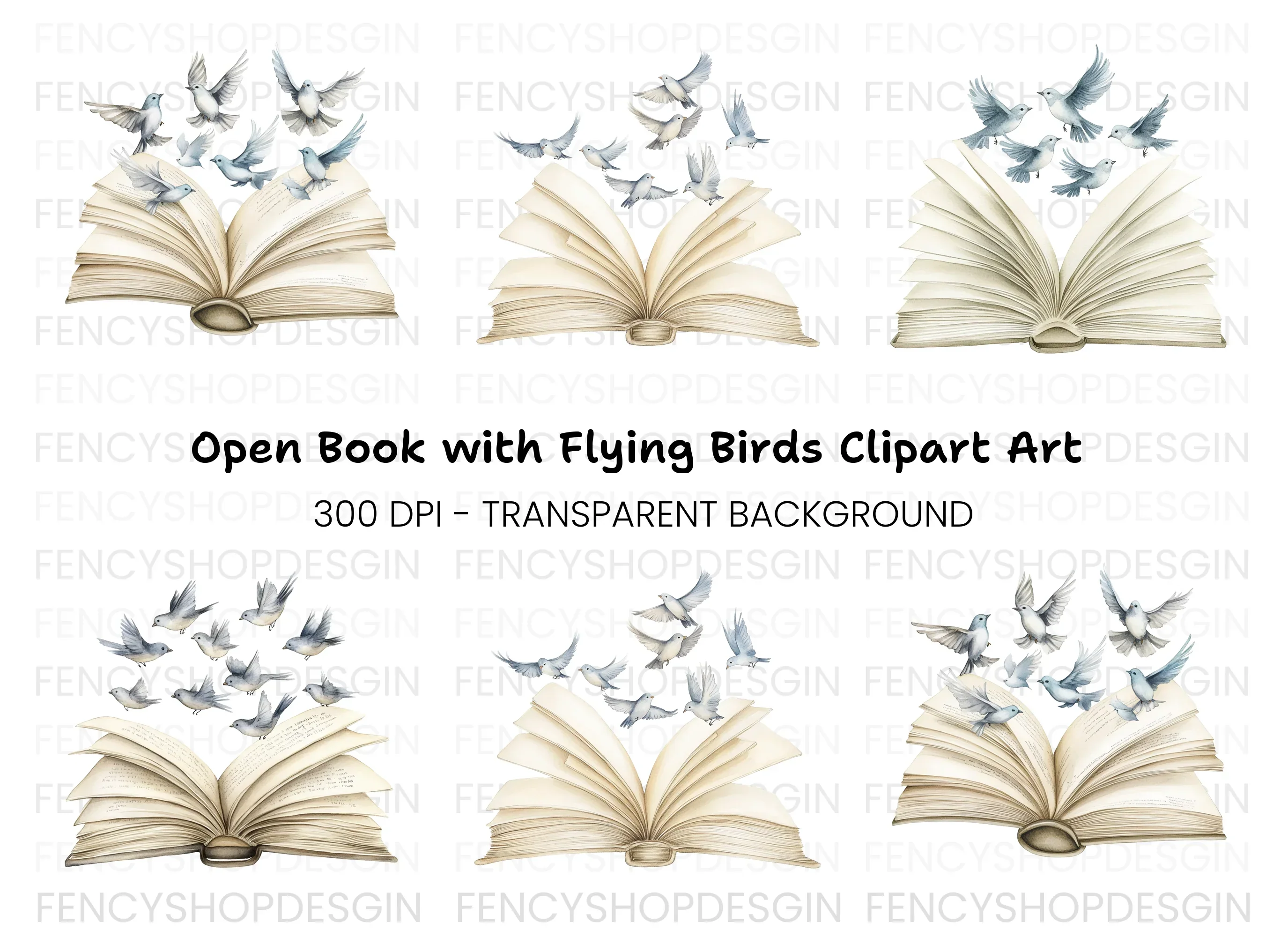 Open Books with Flying Doves Clipart Bundle