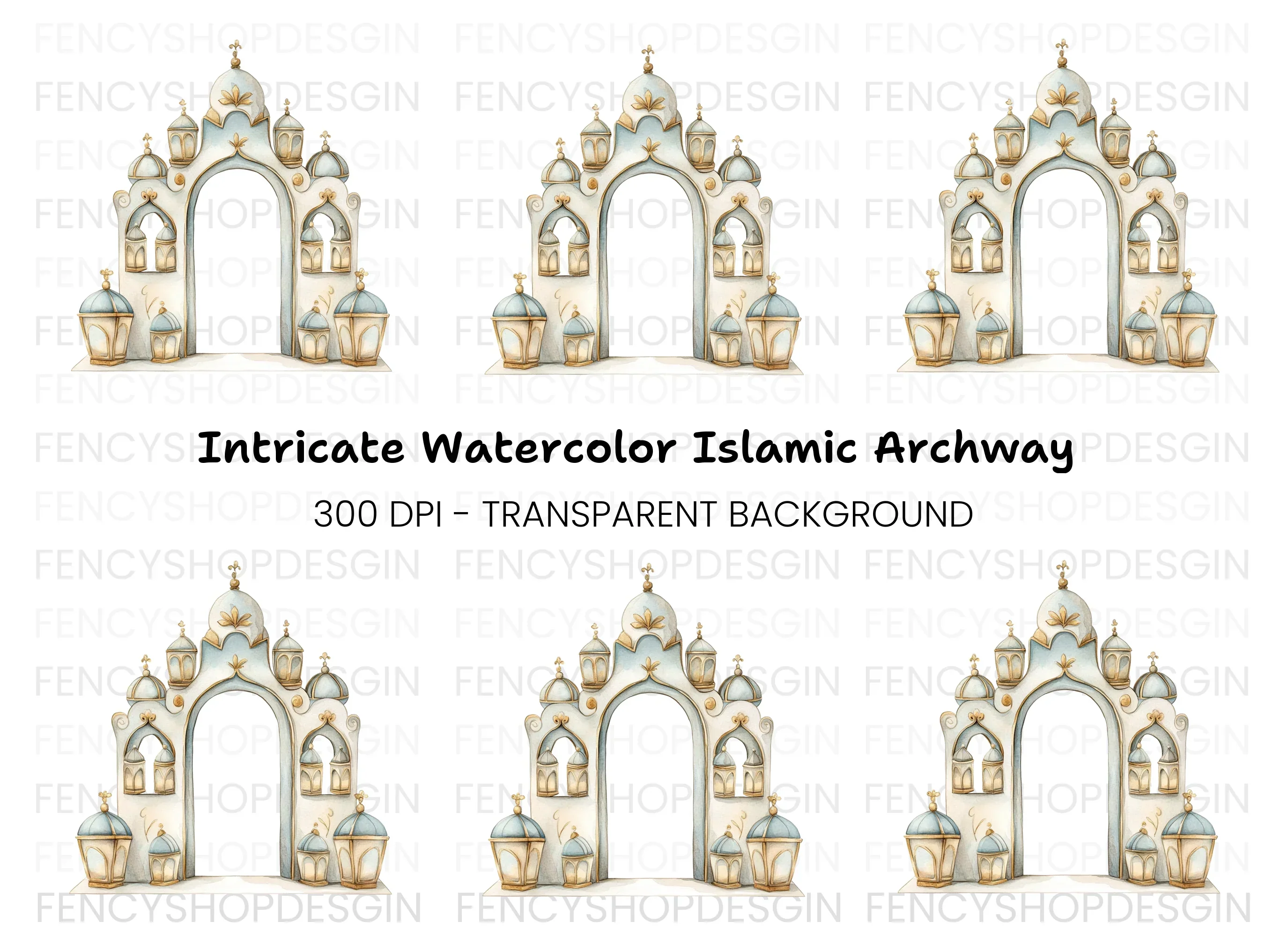 Ornate Islamic Arch with Lanterns Clipart Bundle
