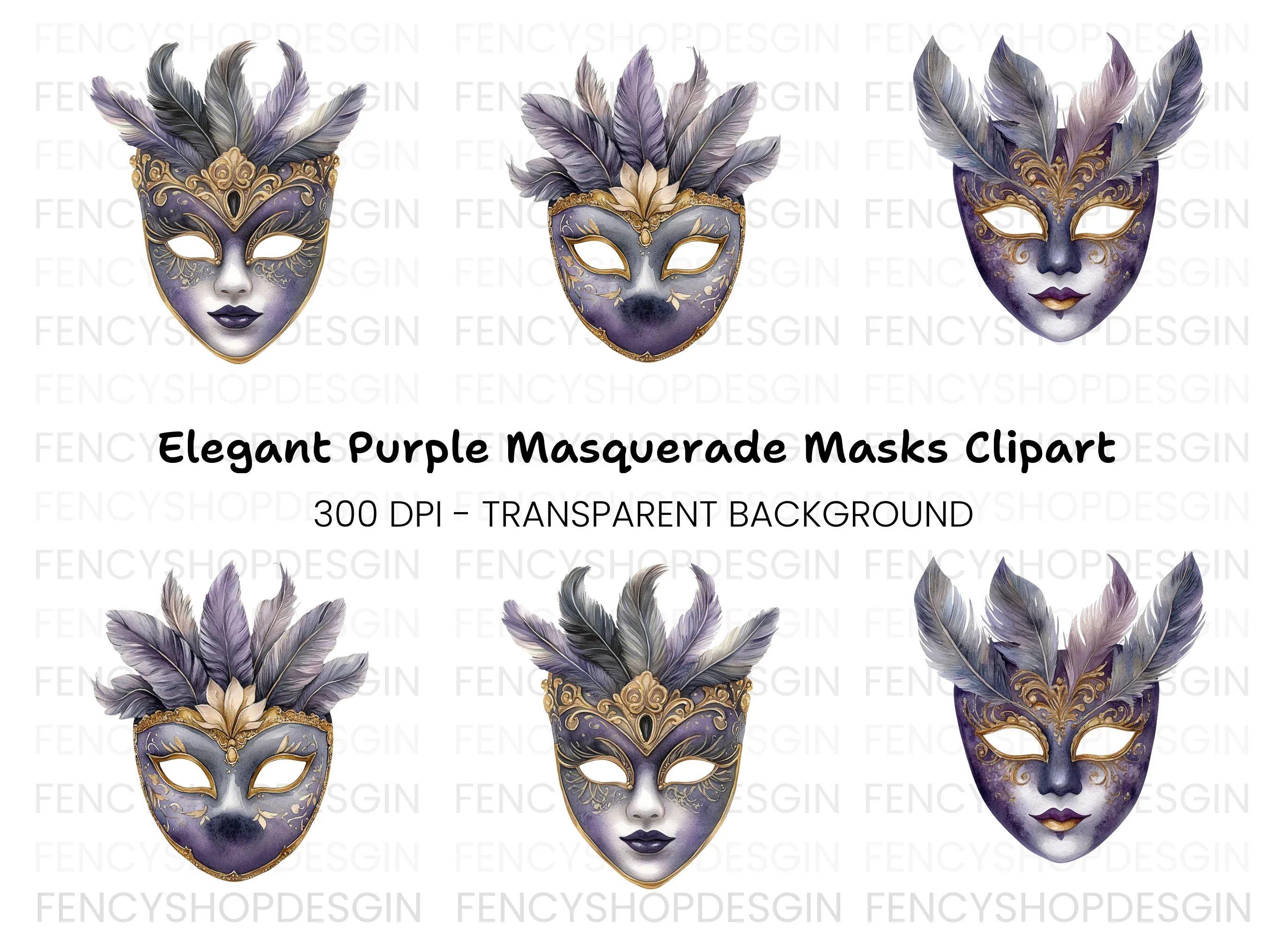 Ornate Purple Masquerade Masks Clipart Bundle