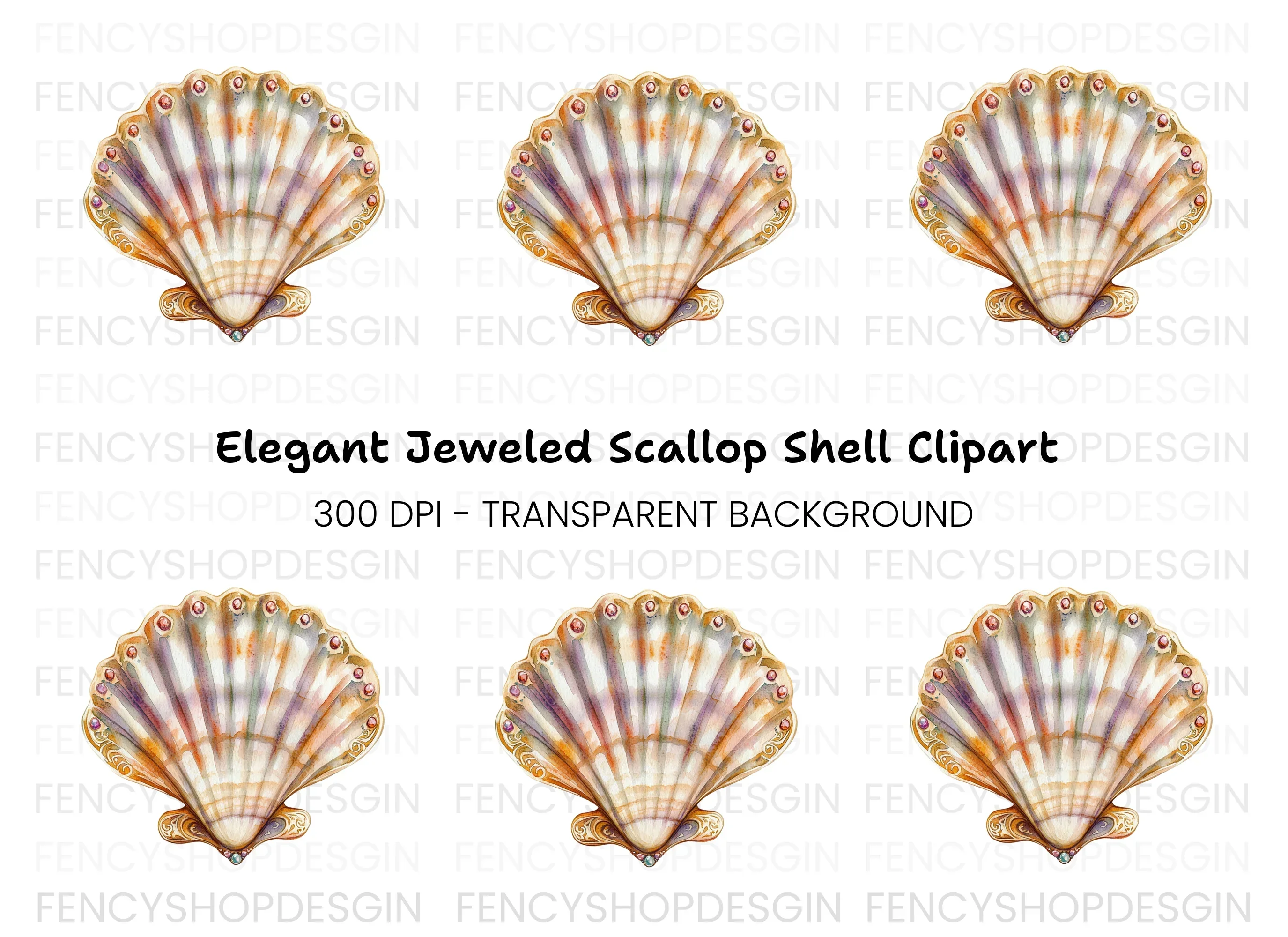 Ornate Scallop Shells with Jewels Clipart Bundle