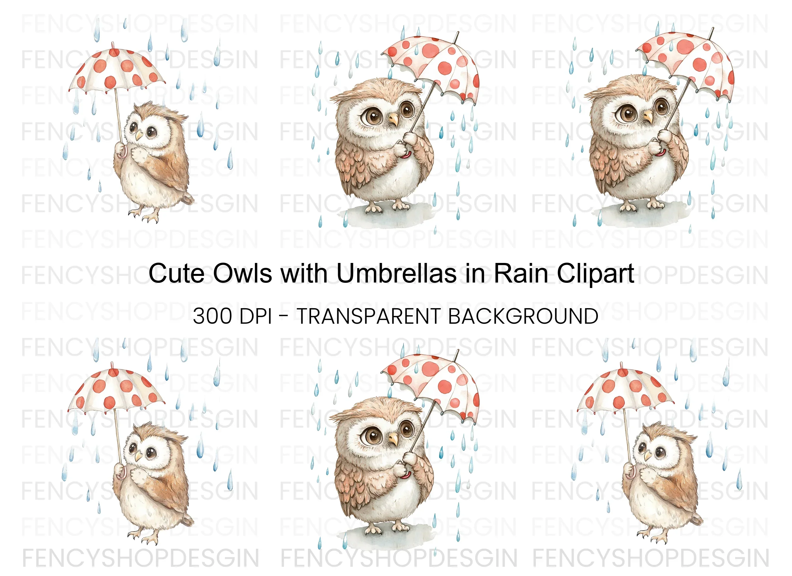 Owls with Umbrellas Clipart Bundle