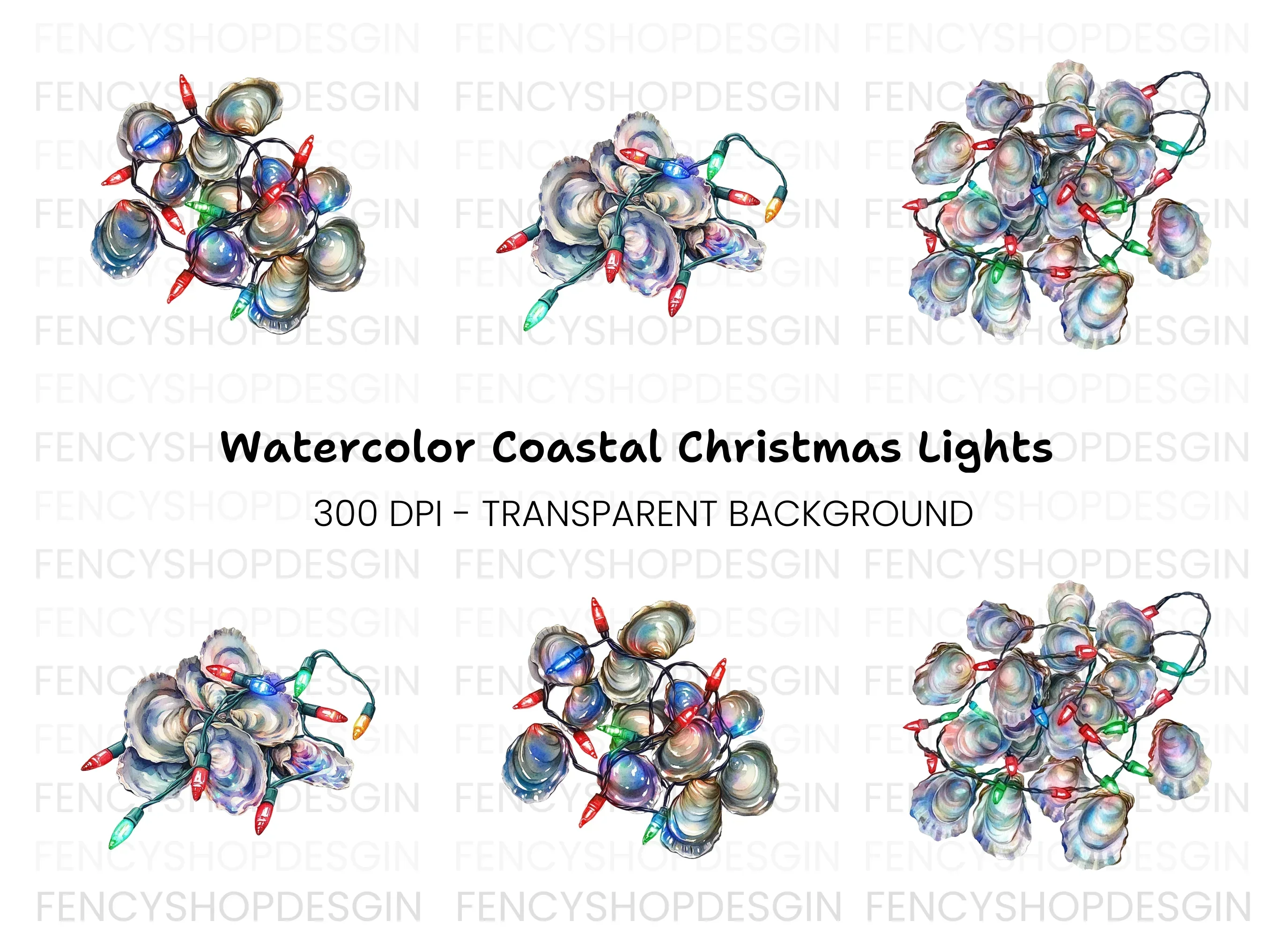Oyster Shells Christmas Lights Clipart Bundle