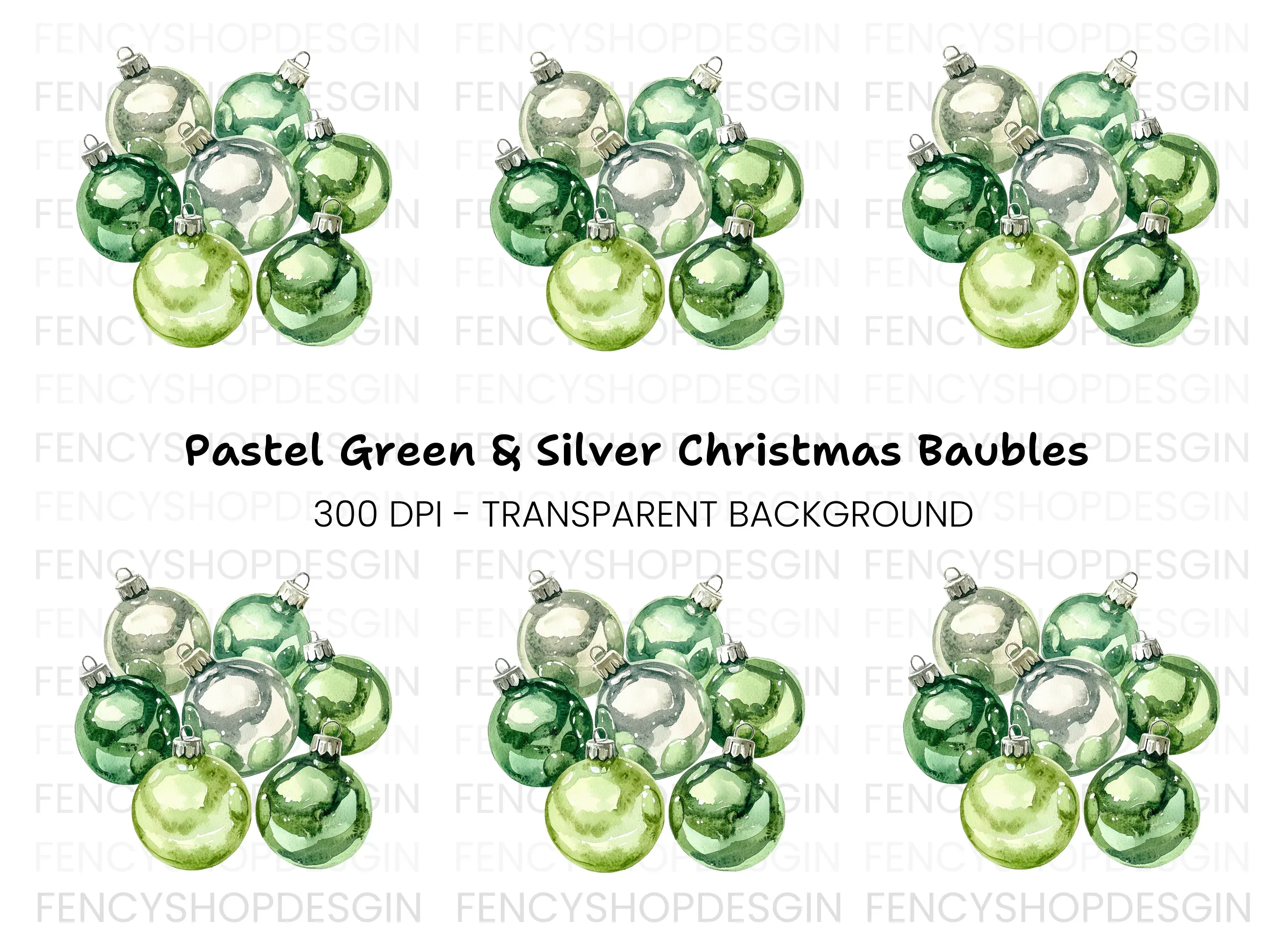 Pastel Green Silver Christmas Ornaments Clipart Bundle