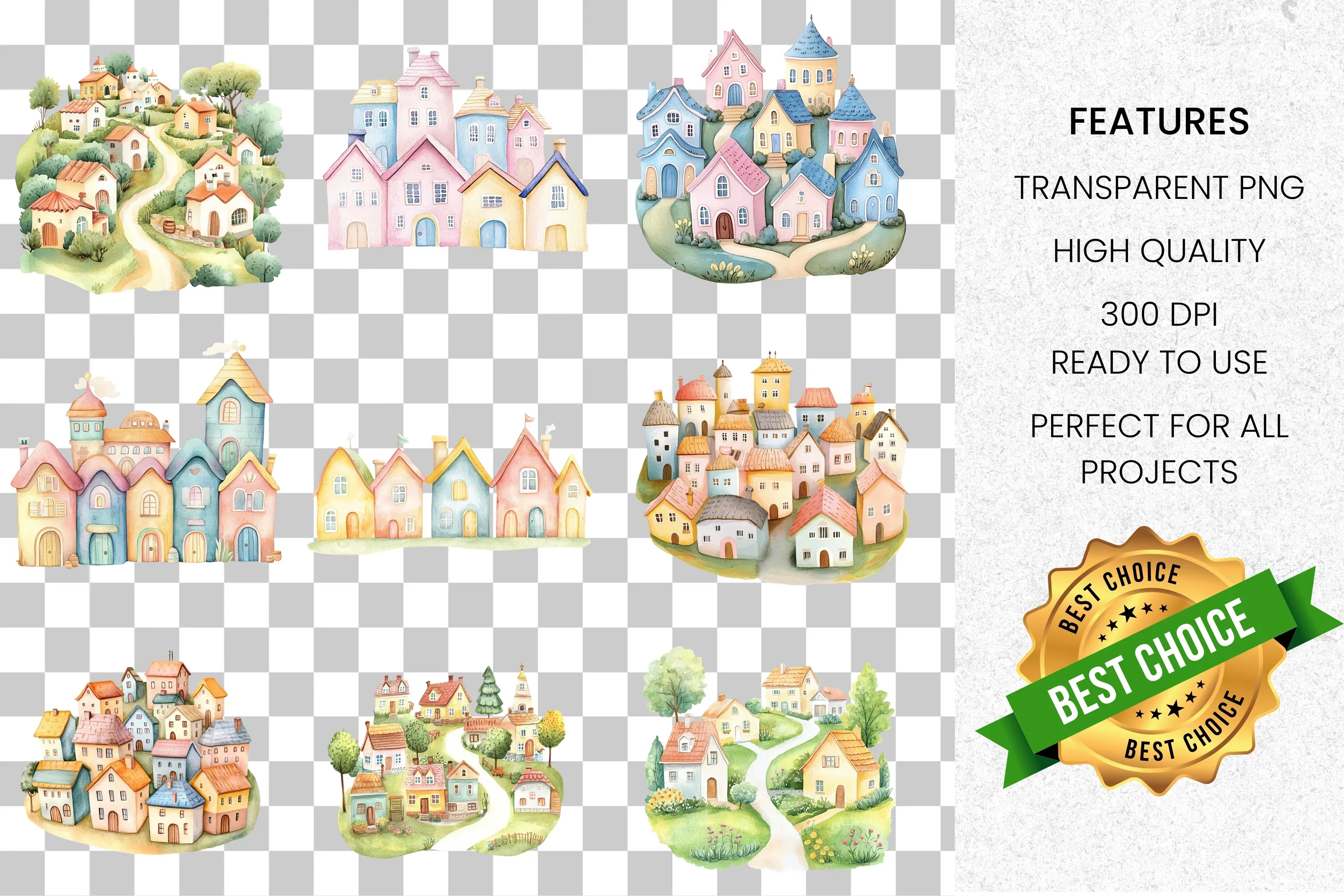 Pastel Houses Village Clipart Bundle - Image 8