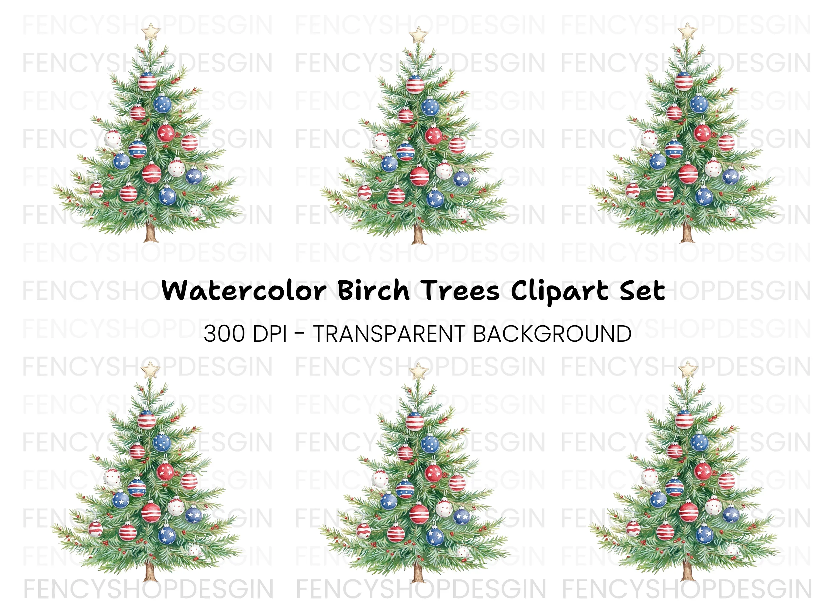 Patriotic Christmas Tree Clipart Bundle