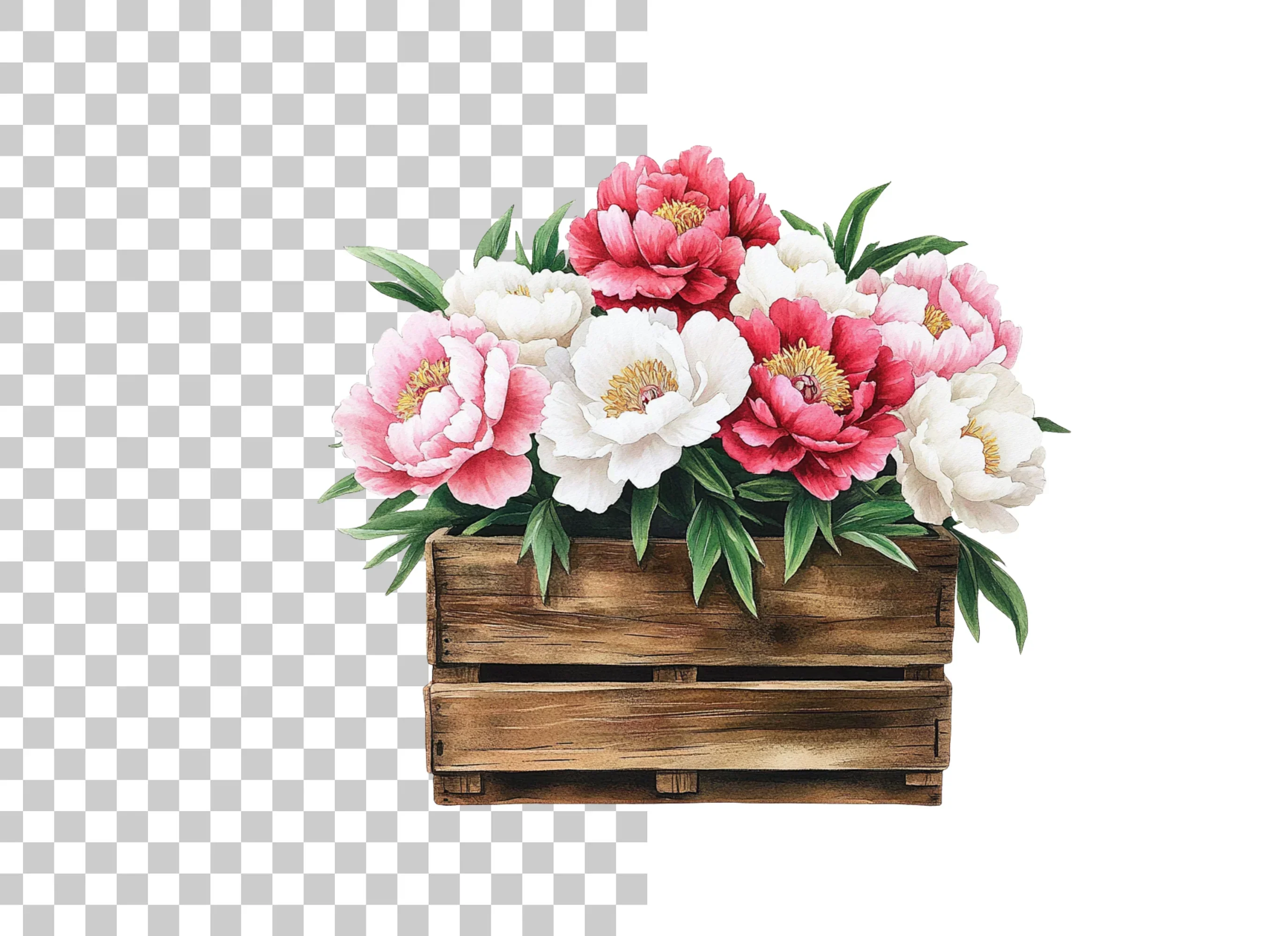 Peony Bouquets in Rustic Wooden Crates Clipart Bundle - Image 2