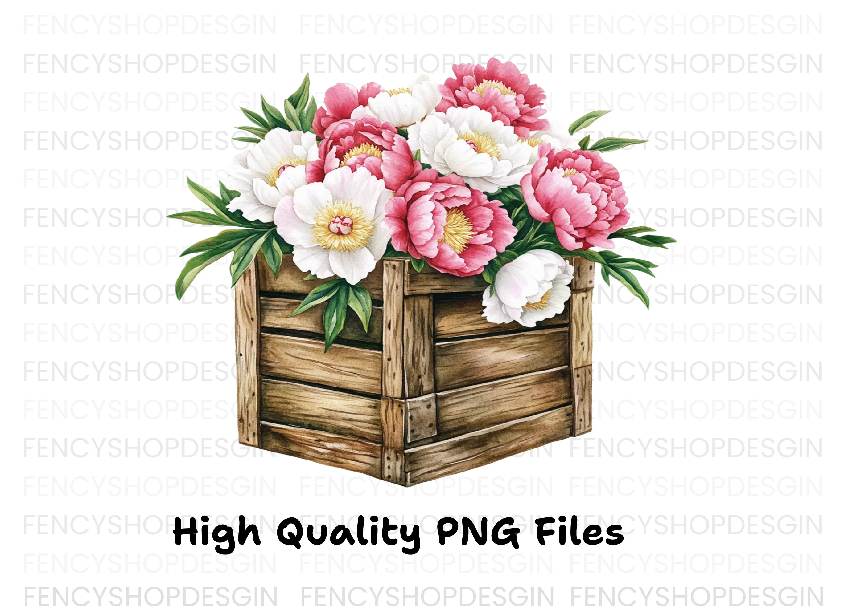 Peony Bouquets in Rustic Wooden Crates Clipart Bundle - Image 3