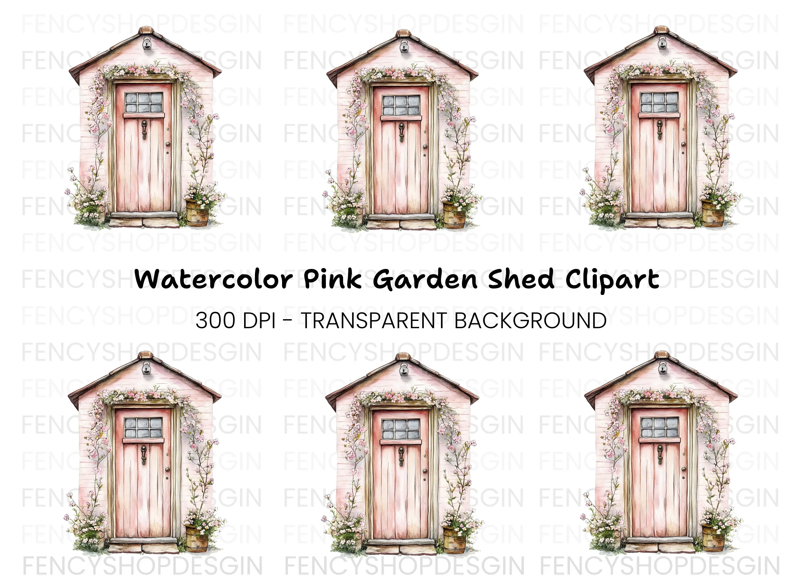Pink Cottage Door with Blooming Vines Clipart Bundle