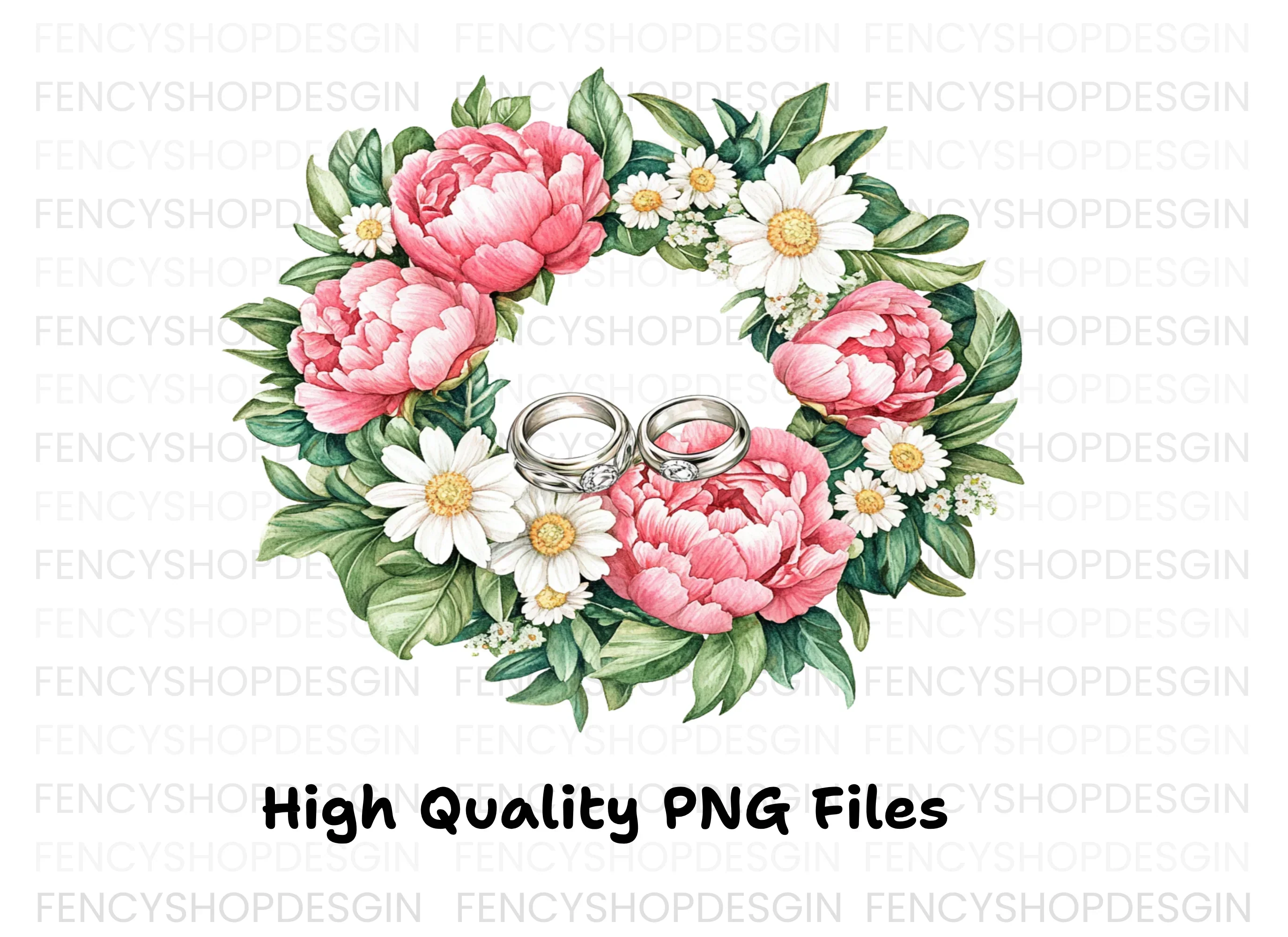 Pink Peony and Daisy Wedding Wreath Clipart Bundle - Image 2