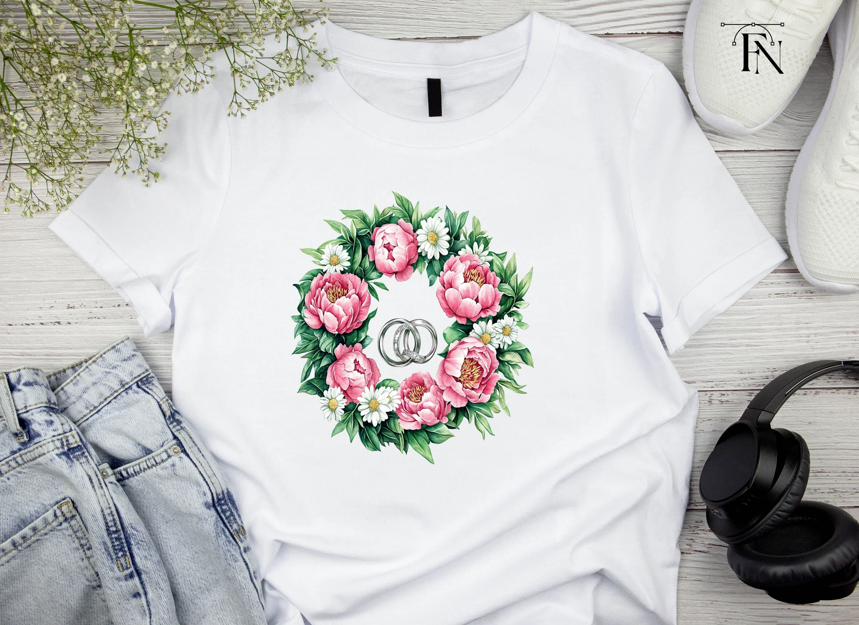 Pink Peony and Daisy Wedding Wreath Clipart Bundle - Image 3