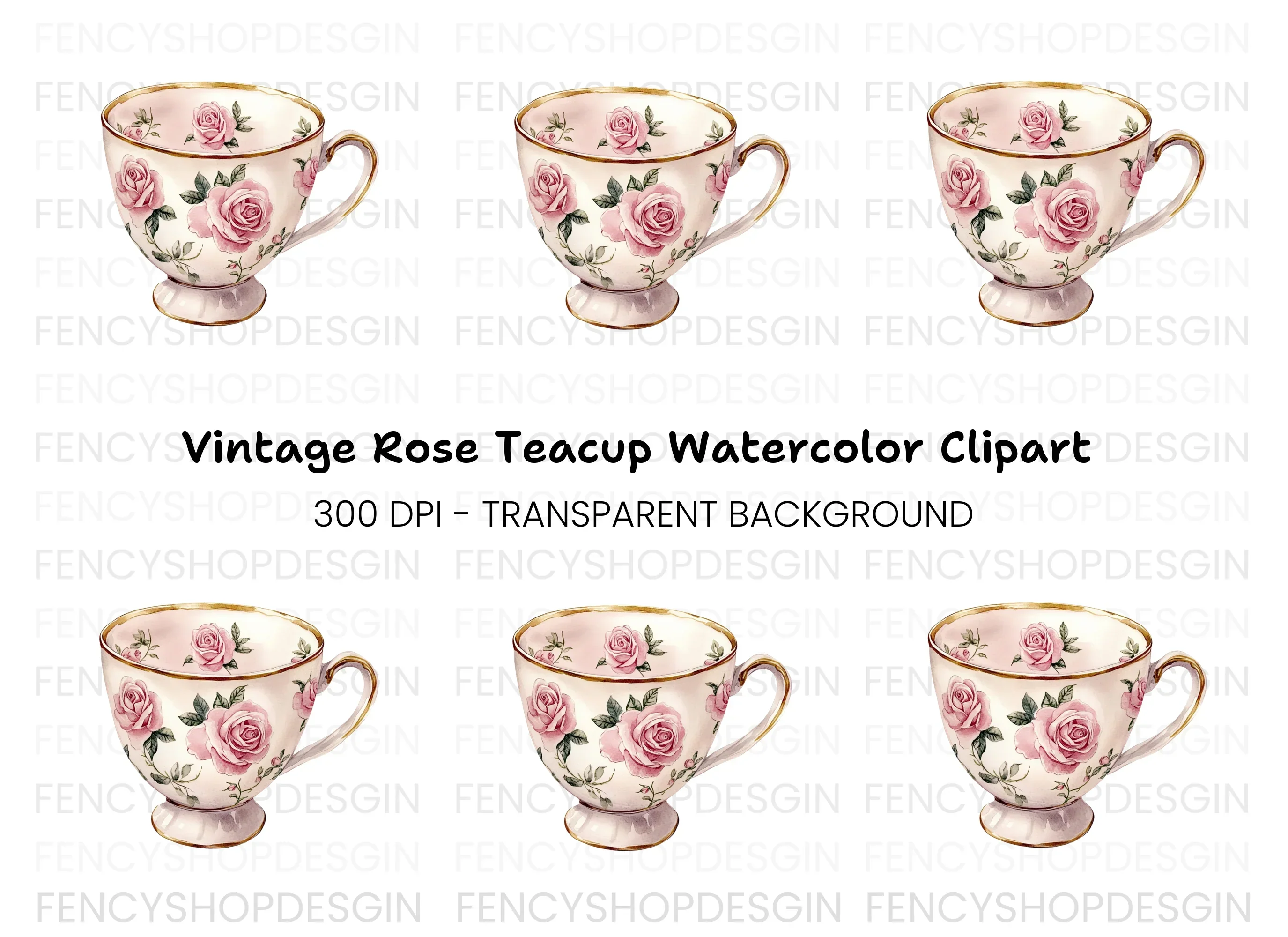 Pink Rose Teacup Clipart Bundle