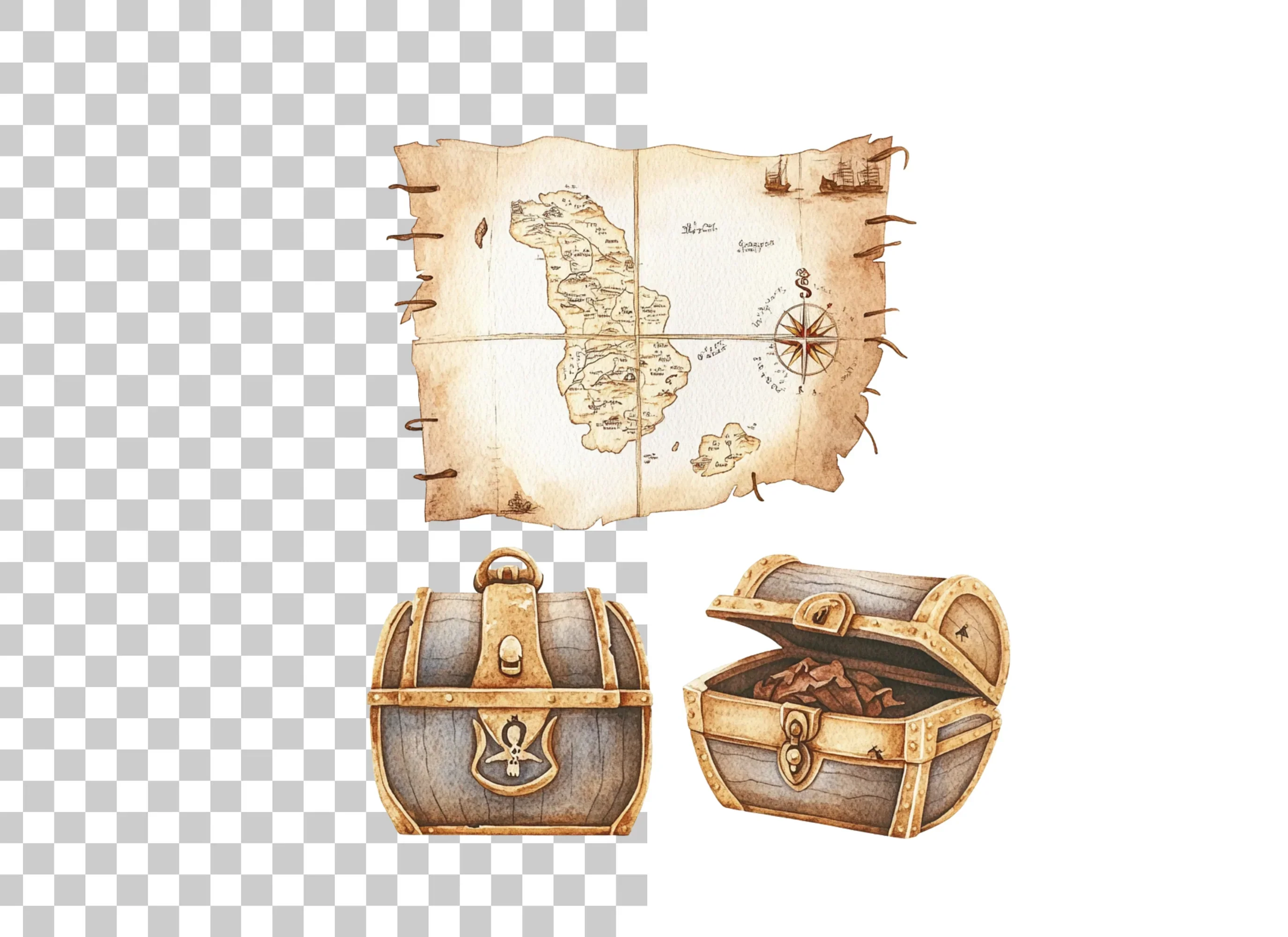 Pirate Treasure Map and Chests Clipart Bundle - Image 2