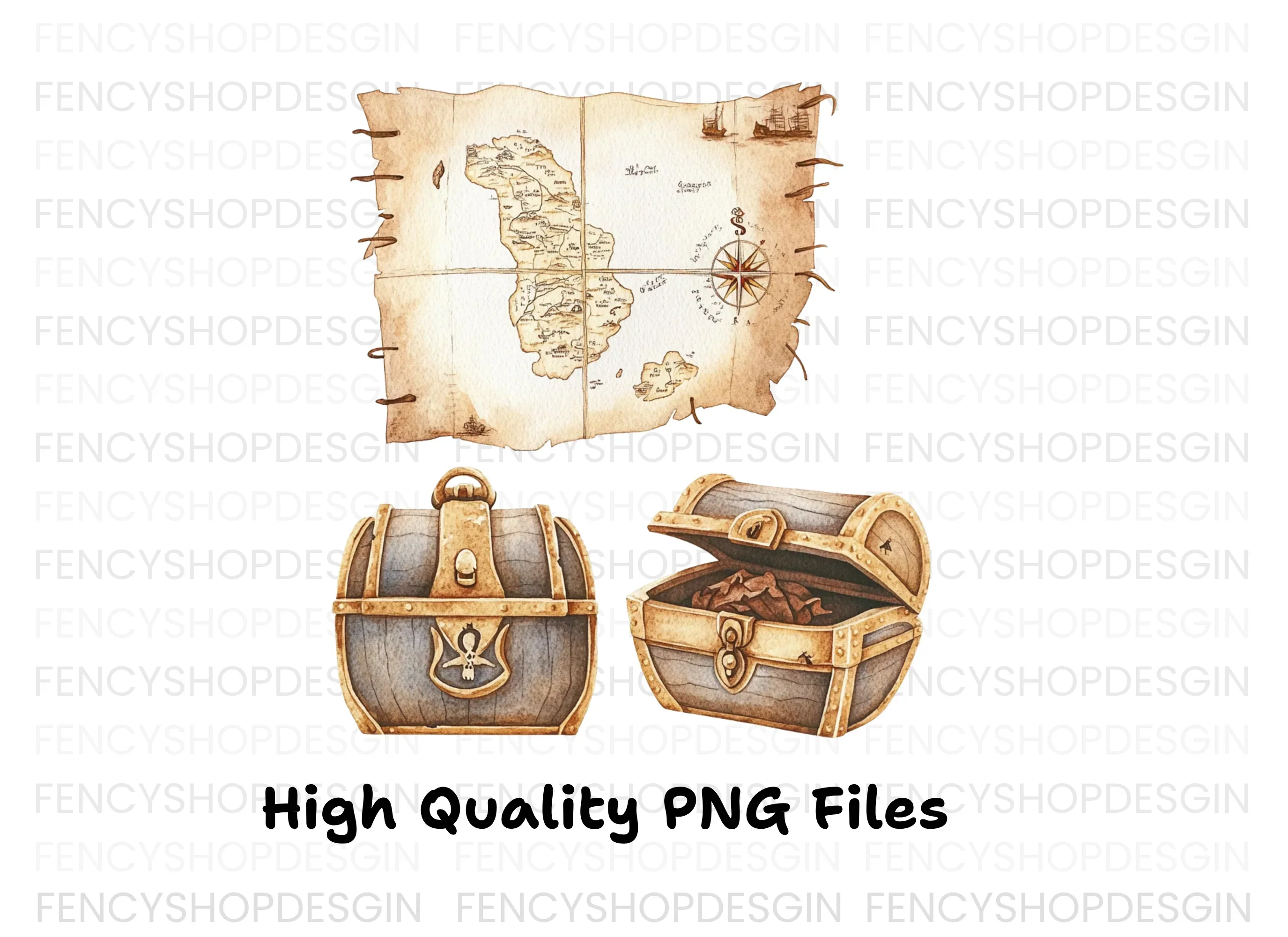 Pirate Treasure Map and Chests Clipart Bundle - Image 3