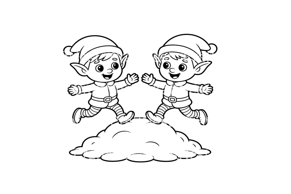 Playful Elves Jumping in Snow Coloring Books - Image 2