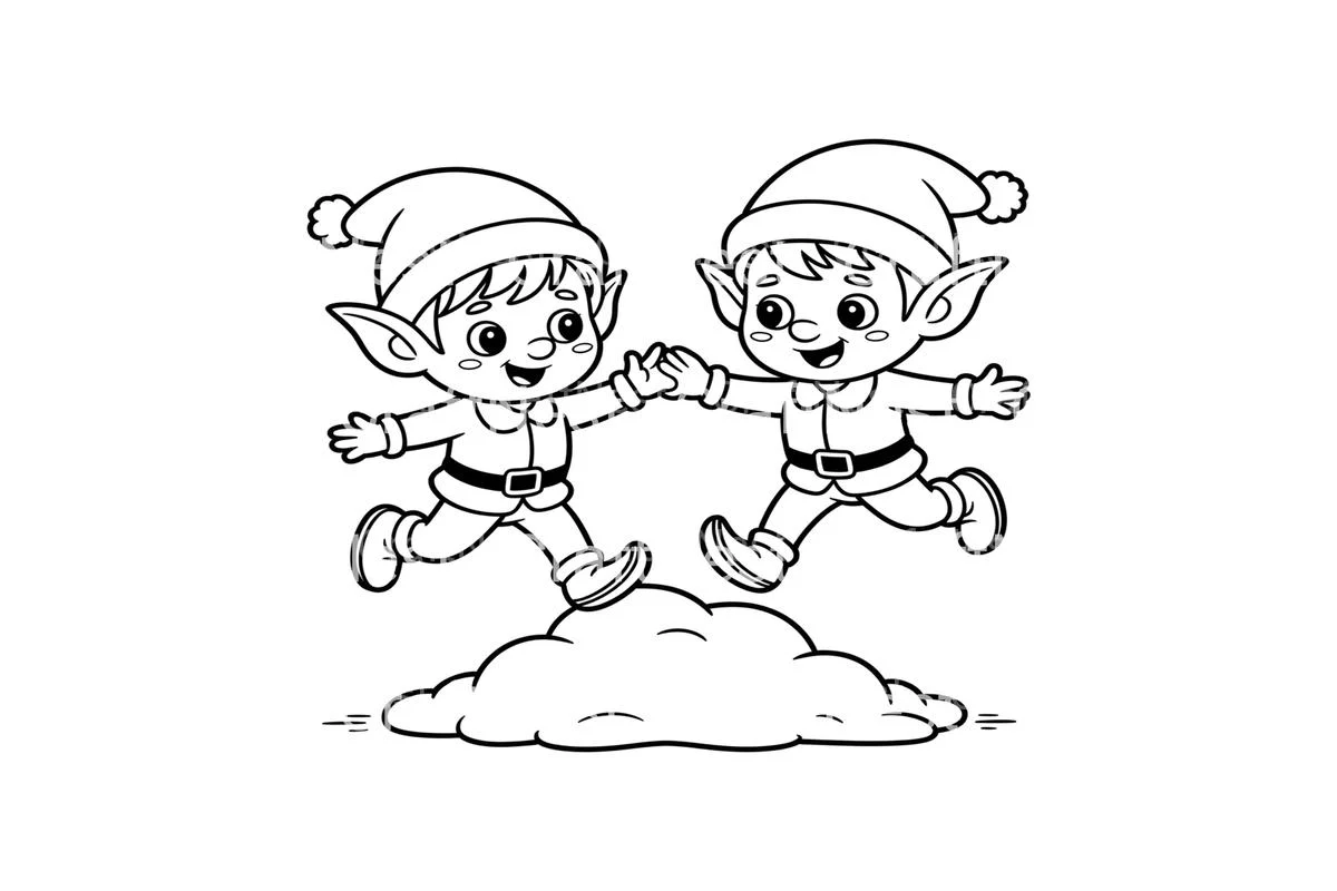 Playful Elves Jumping in Snow Coloring Books - Image 3