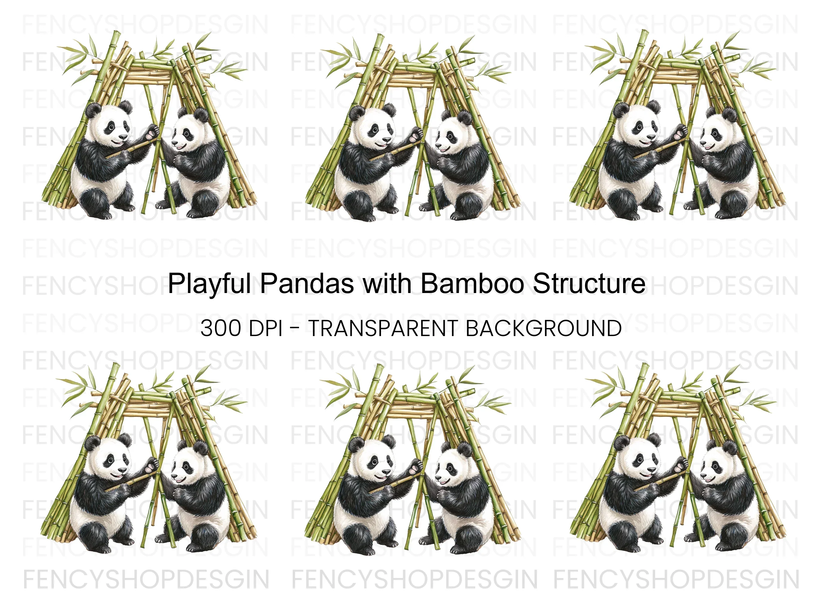 Playful Pandas with Bamboo Hut Clipart Bundle